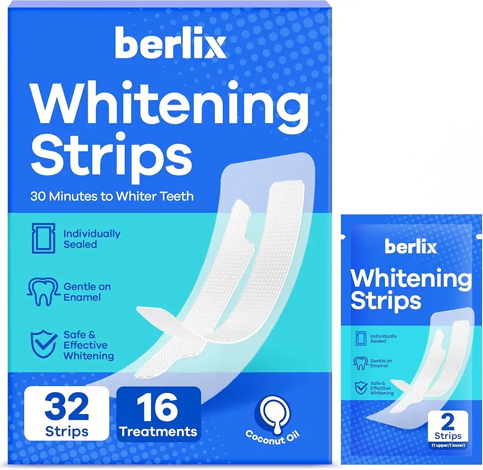 Teeth Whitening Strips (16 Treatments, 32 Count), Enamel Safe for Teeth Whitener, Whitening Strips with Coconut Oil, Formulated to Be Gentle &amp; Non Slip and Quick-Dry, Stains Removal