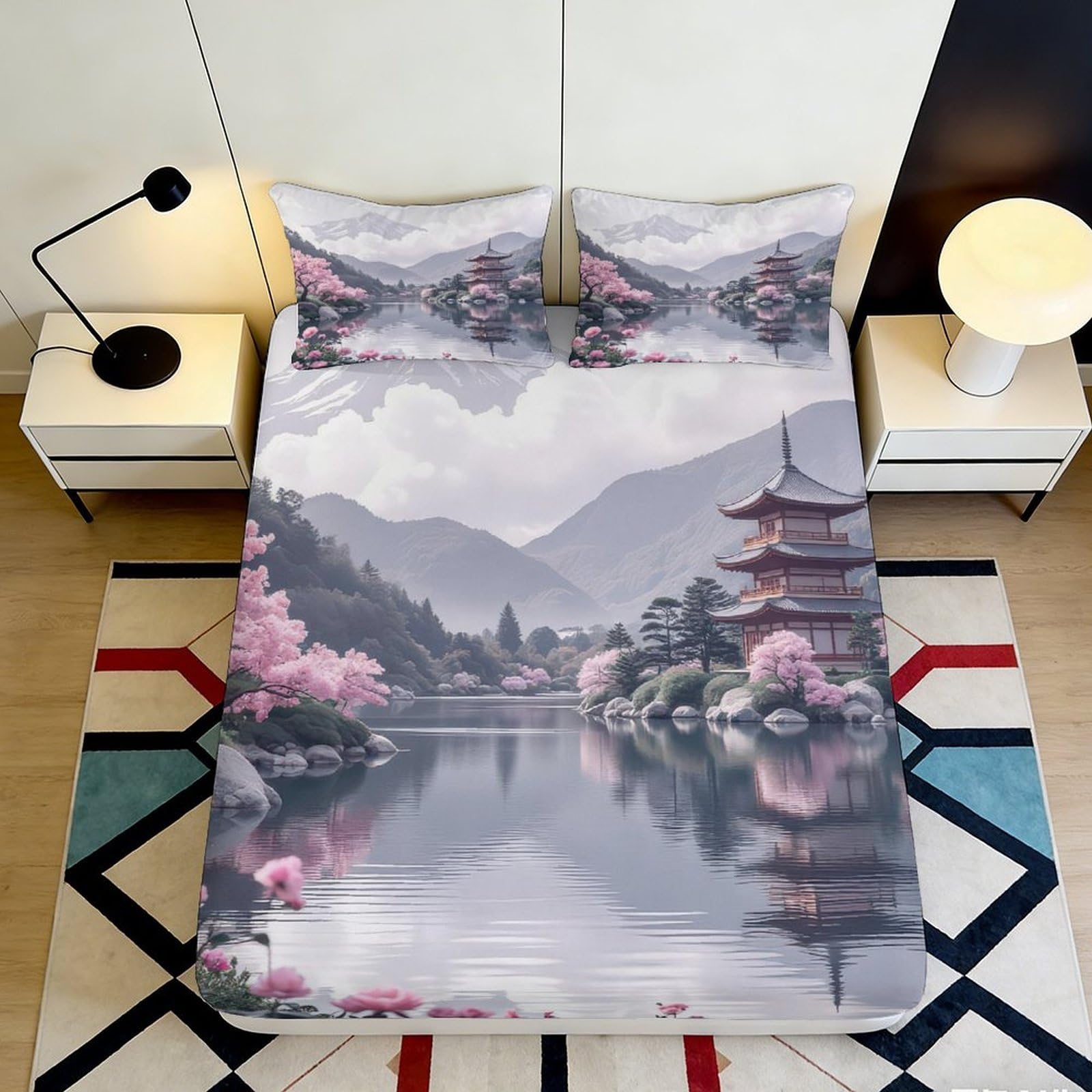 3D Printed Japanese Pagoda Lake Fitted Sheet Microfiber Soft Pink Sakura Mattress Cover for Bedroom Dorm Decor 180x200x25cm