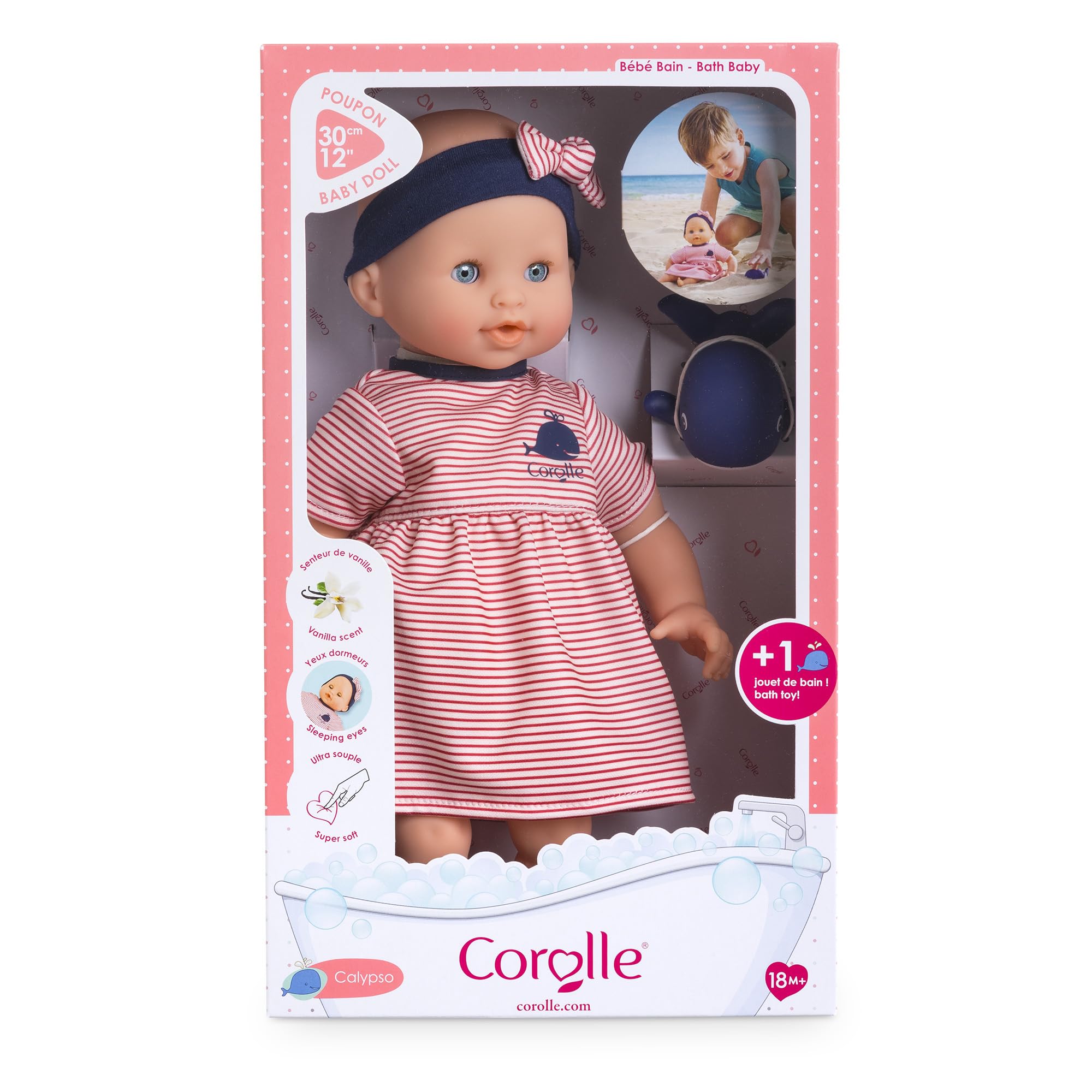 Corolle - Mon Premier Poupon, Bébé Bain Calypso, avec Jouet de Bain Baleine, 30cm, dès 18 Mois, 9000100860
