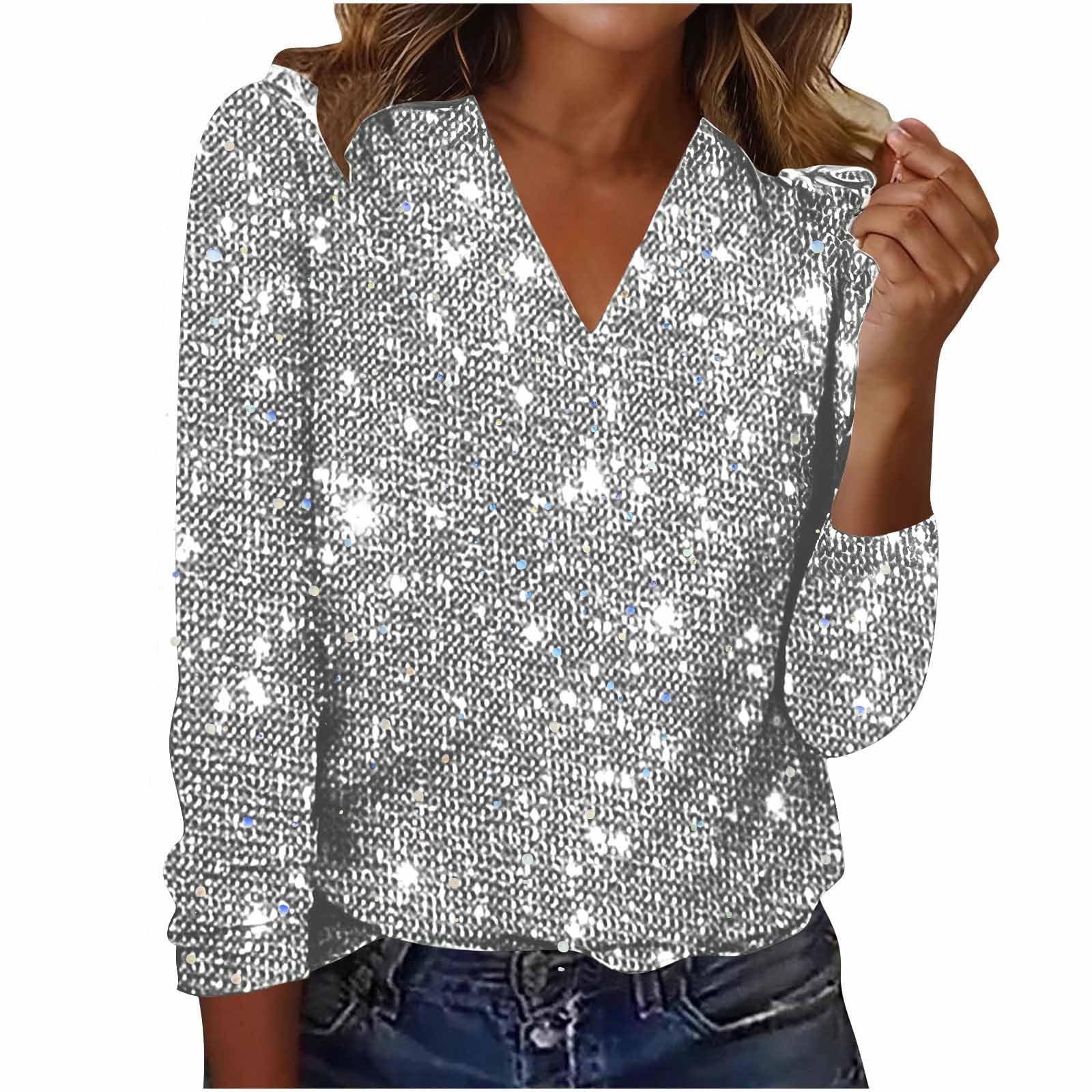 Top da donna con paillettes con scollo a V e maniche lunghe, alla moda, per feste in vacanza, per occasioni festive