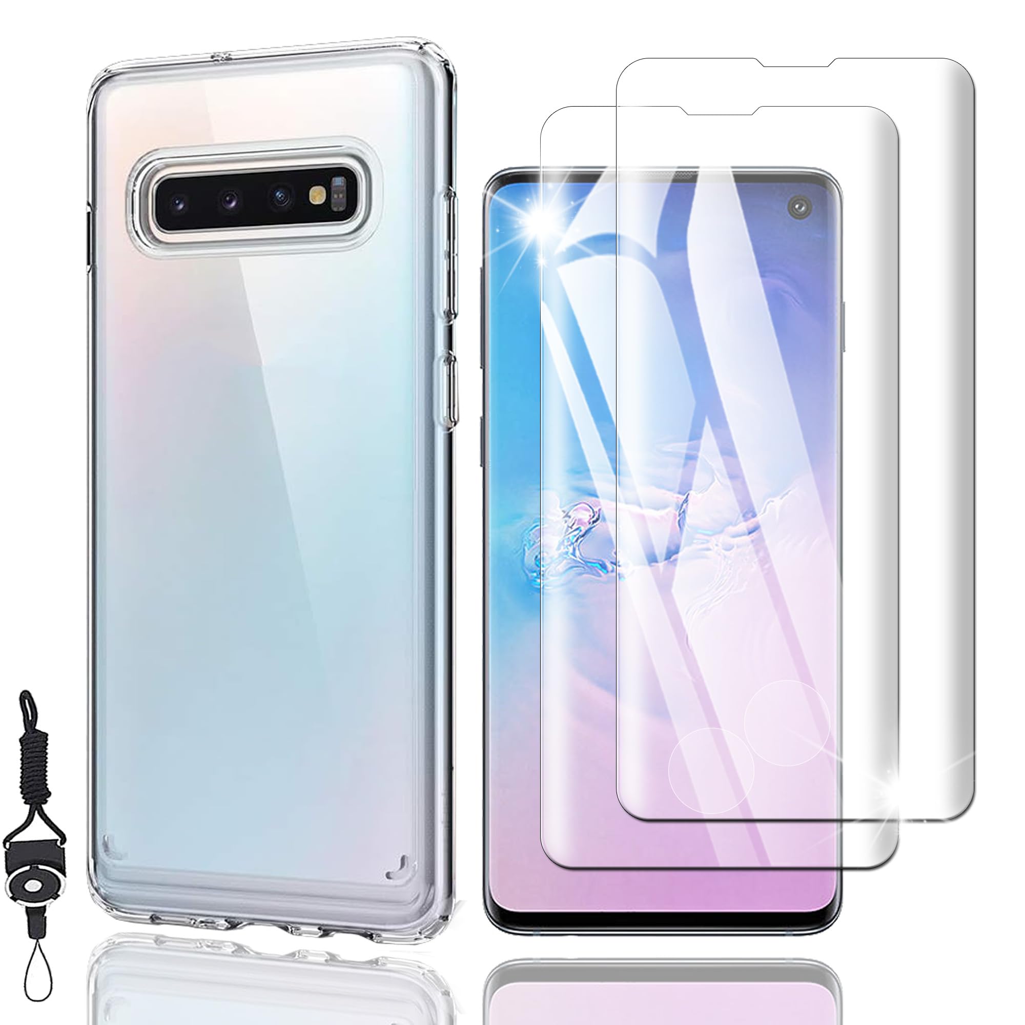 Nutmeg Galaxy s10 ガラスフィルム(2枚)+ Galaxy s10 ケース クリア(1枚)【旭硝子素材採用 ストラップホール付き】SC-03L SCV41 フィルム ギャラクシーS10 保護フィルム カバー 携帯ケース スマホケース 硬度9H 高透過率 指紋防止 スクラッチ防止 撥水撥油 飛散防止 衝撃吸収 らかい手触り 滑り止め TPU 黄変防止