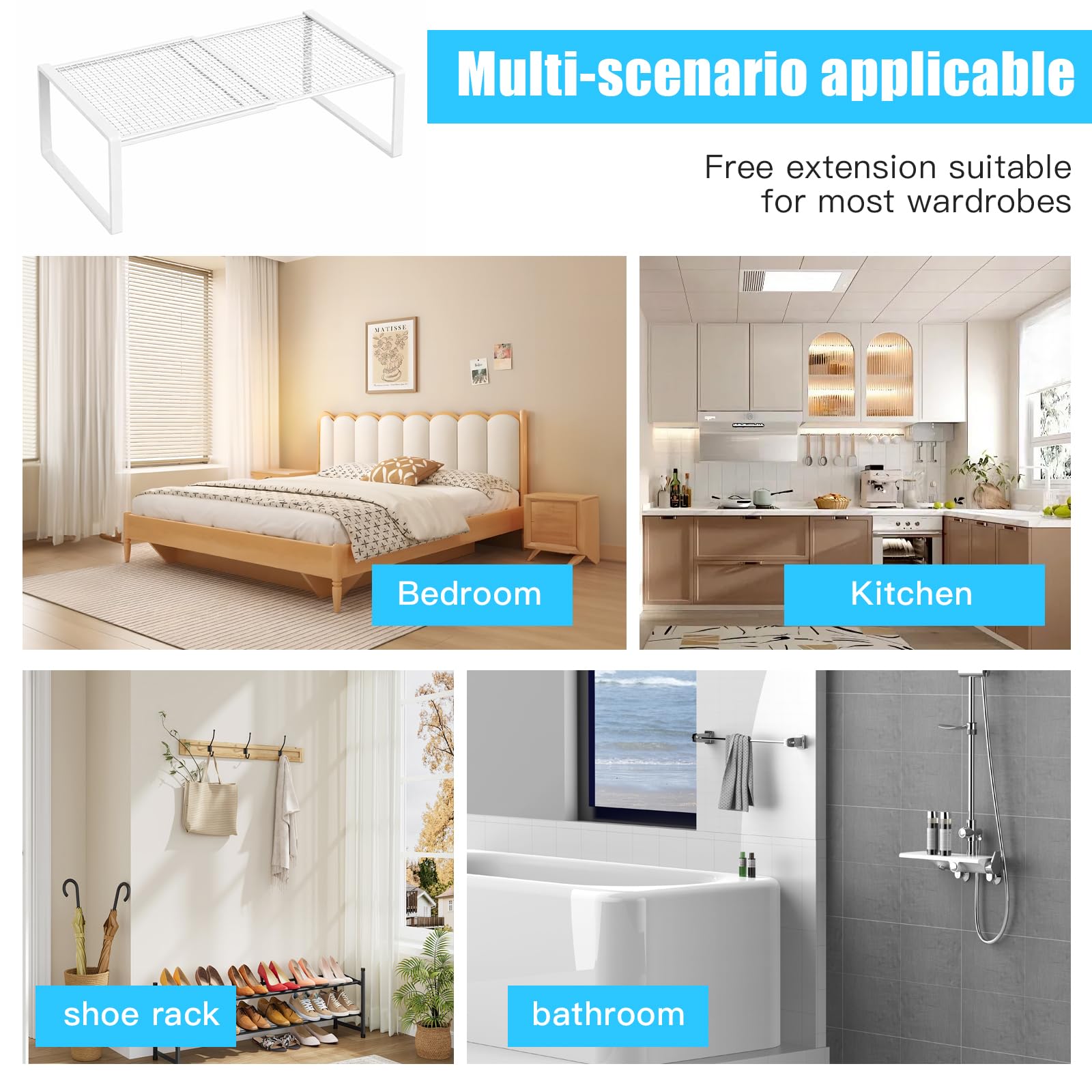 Organizer per armadio impilabile, estensibile, sistema di scaffali in metallo senza foratura, per cucina, bagno e scarpiera, salvaspazio e regolabile, bianco (bianco, lunghezza: 27-38 cm, larghezza