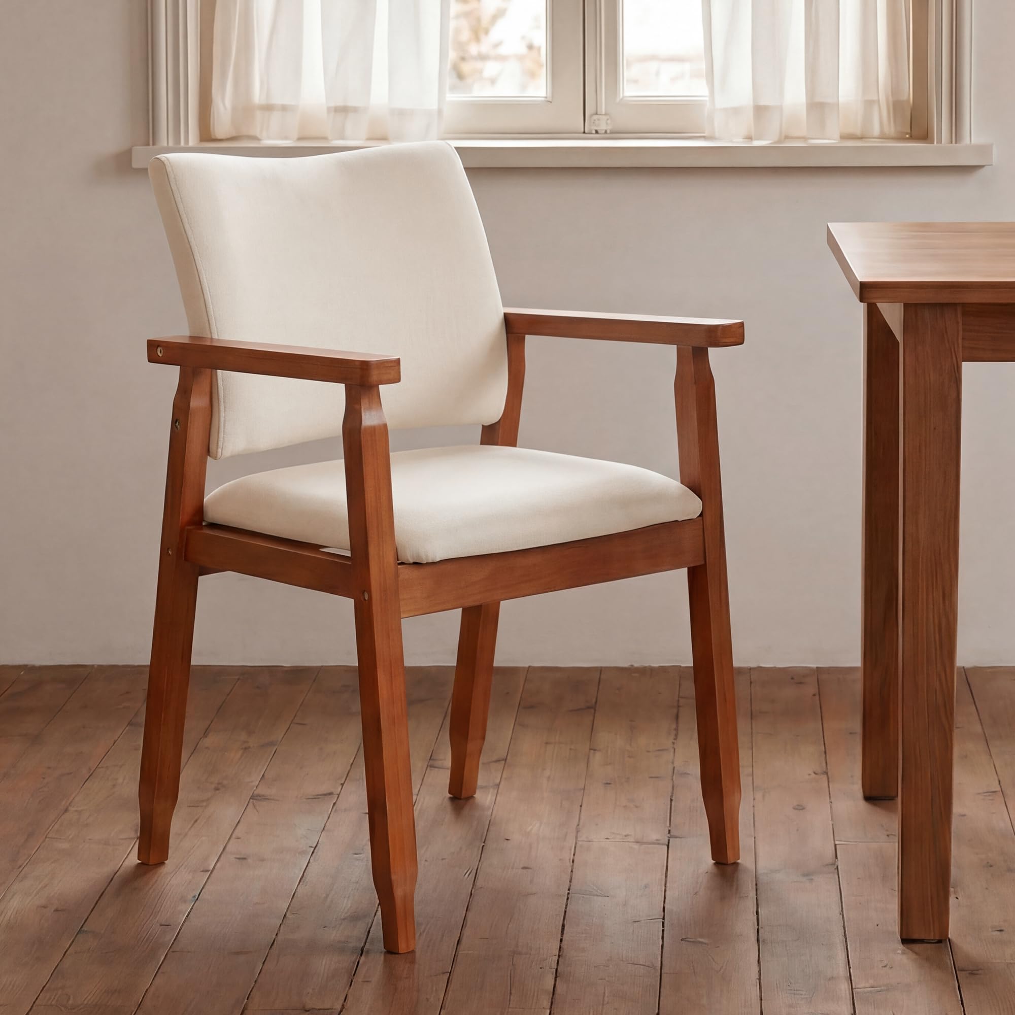 thksbought Mid Century Modern Walnut Dining Chairs Wood Arm Beige Fabric Kitchen Cafe Living Room Decor Furniture