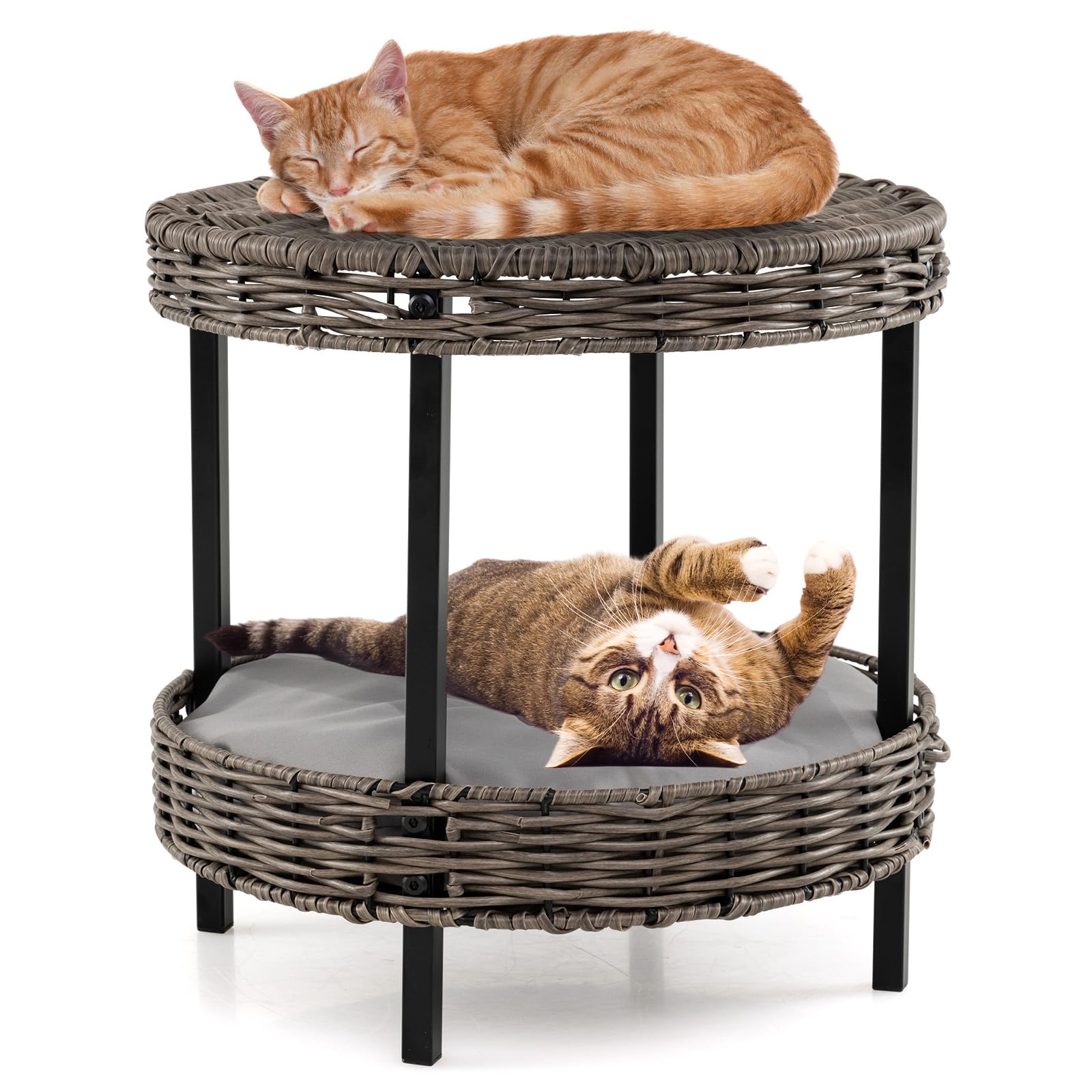 Maxmass Cat Bed, 2-tier Rattan Cat Nest with Removable Padded Cushion, Modern Cats Condo Footstool Side Table for Cats Kittens, 38 x 38 x 38 cm