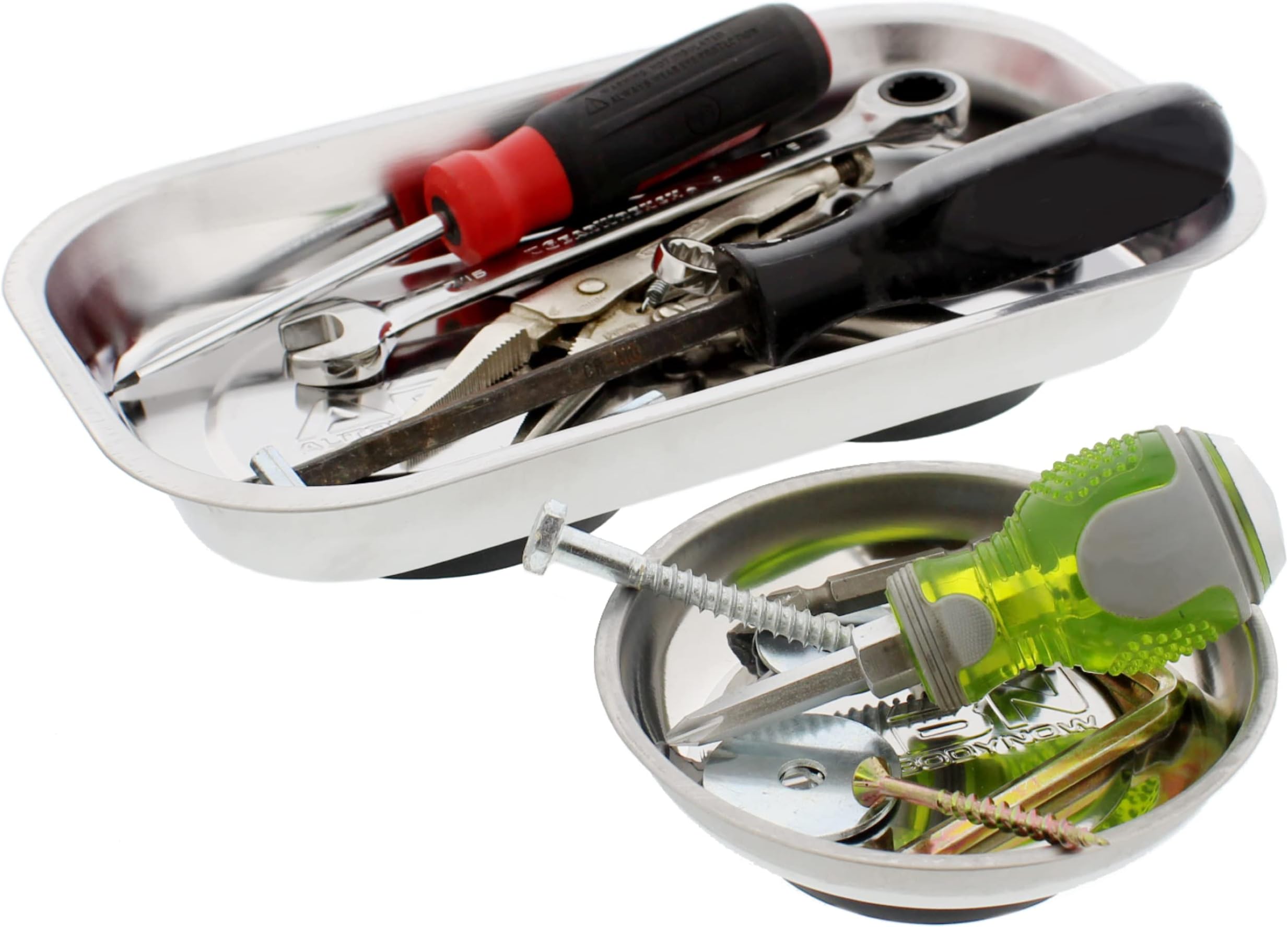 ABN Magnetic Tool Tray Set - 2 Pack Rectangle and Round Steel Mechanics Magnetic Parts Trays to Store and Organize