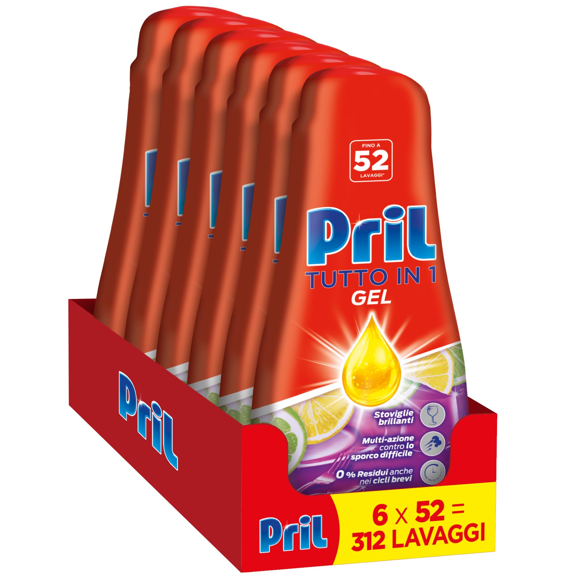 Pril Gel All In One Sciogli Grasso, Detersivo Lavastoviglie Liquido Multi-Azione Sporco Difficile, 6 Confezioni da 52 Lavaggi, 312 Lavaggi