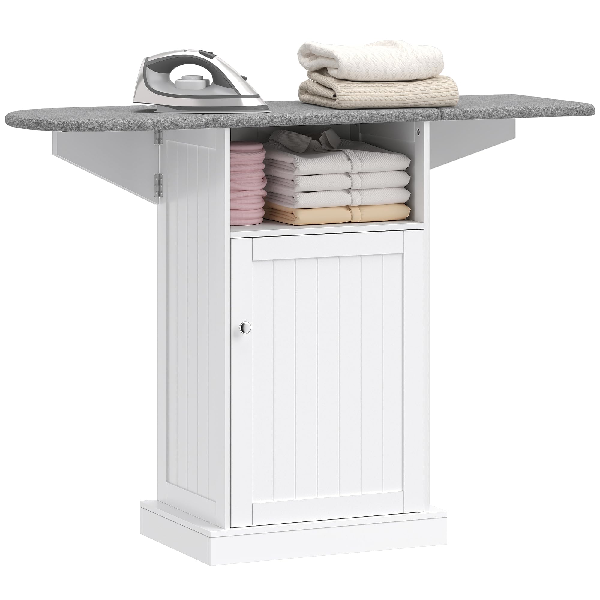 HOMCOM Mobile Asse da Stiro Salvaspazio Pieghevole con Ruote a Freno, Mobile da Stiro Multiuso con Vano Aperto, Ripiano Regolabile, per Lavanderia e Bagno, 121x37x89 cm, Bianco