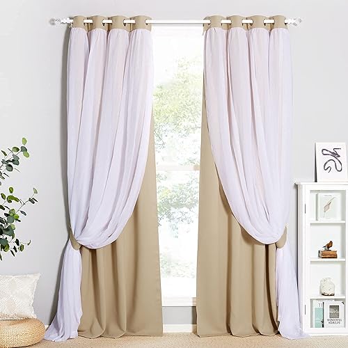 PONY DANCE Sheer Window Curtains - Mix & Match Window Treatments Light Block Drapes Blackout Panels for Living Room, 52 by 95 in, Biscotti Beige, 2 Pieces