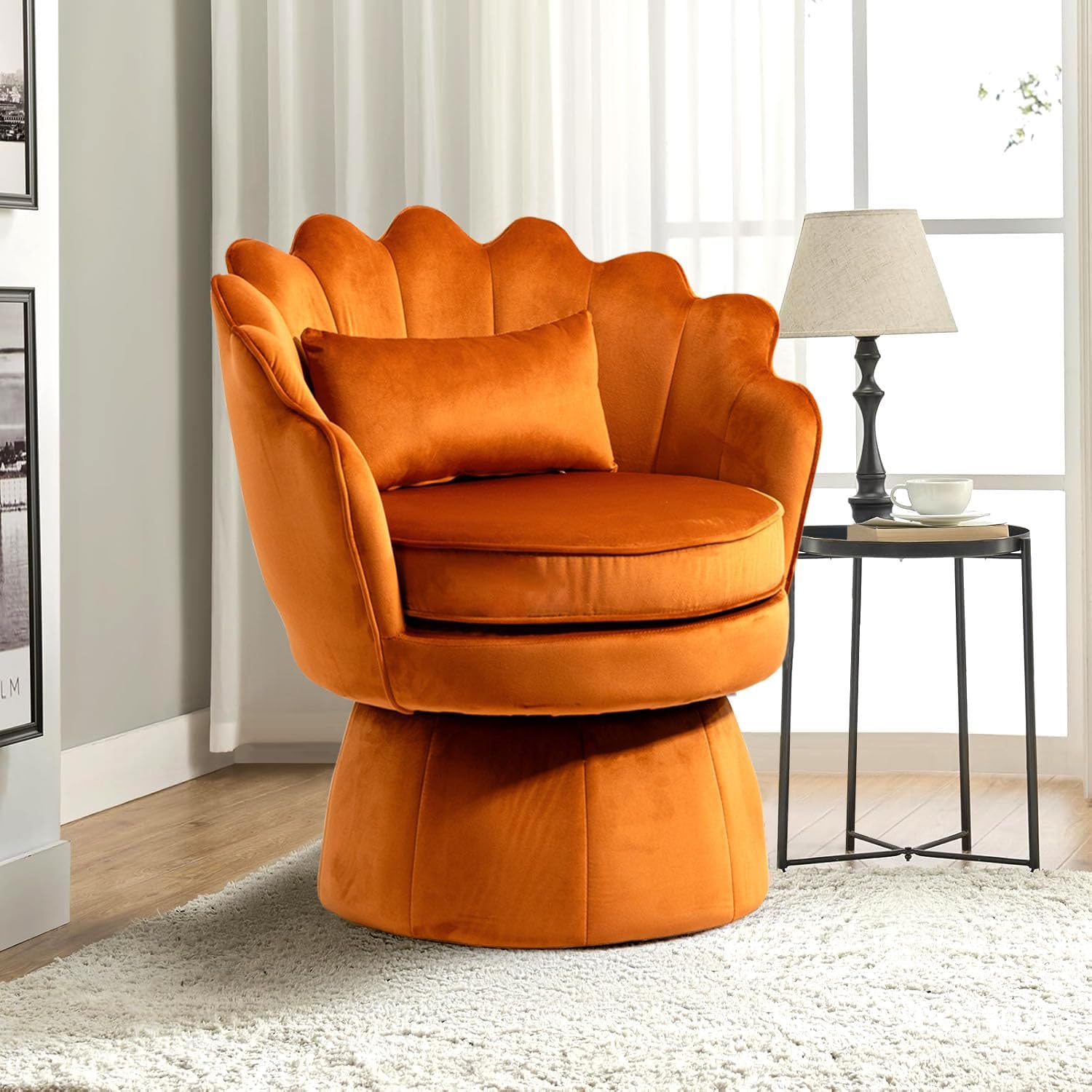 Swivel Barrel Chairs Set of 2, Small Accent Armchair, Orange Velvet Upholstered, Mid-Century Modern Style, for Living Room/Bedroom/Waiting Room, for Relaxing & Reading, Pillow Included
