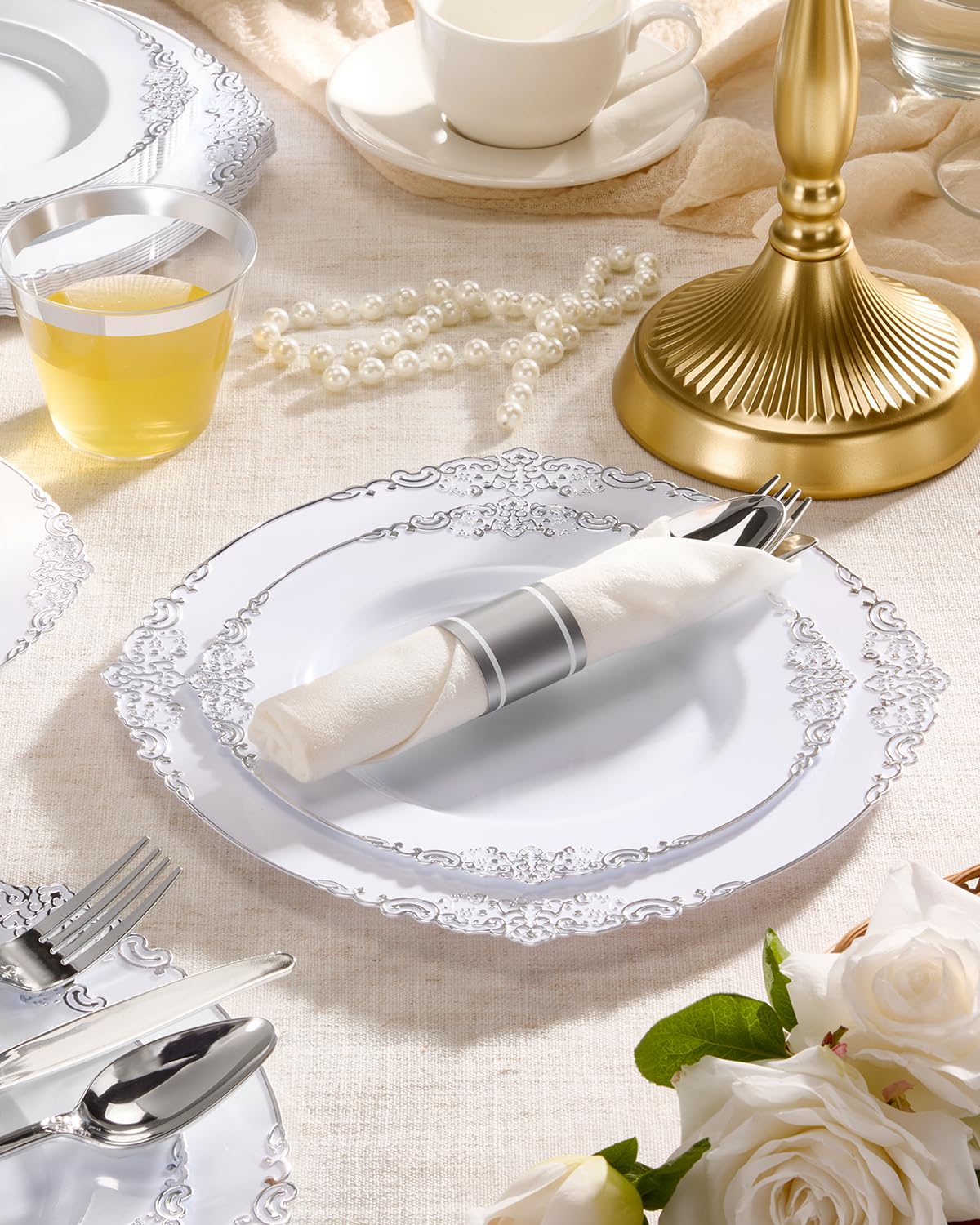 350 Piece White & Silver Dinnerware Set - 50 Guests -6