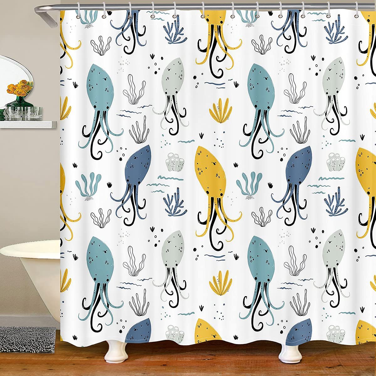 Homemissing Octopus Cartoon Shower Curtain Sea Marined Bath Curtain For Kids Adult Ocean Kraken Waterproof Bathroom Curtains Fabric Shower Curtains Stalls Underwater Animal 72x78 Inch