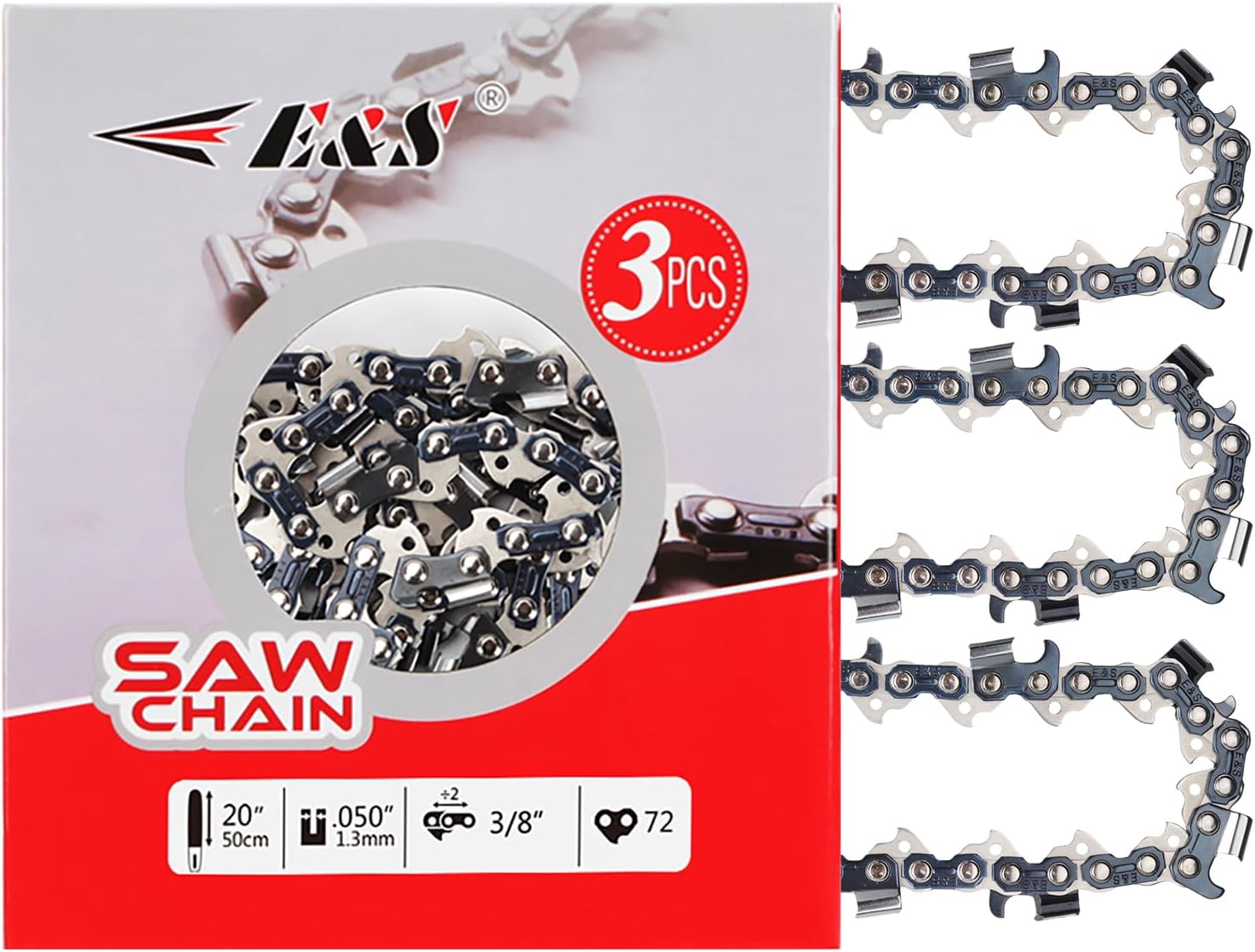 E & S 3 Pack 20 Inch Chainsaw Chain 3/8" Pitch .050" Gauge 72 Drive Links Semi-Chisel Chain Saw Chains for Husqvarna, Poulan, Craftsman, Greenworks and More Chainsaw Brands
