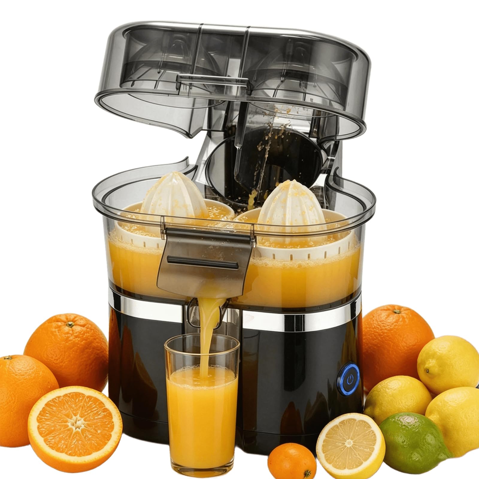 Exprimidor automático de cítricos de doble cabezal, exprimidor eléctrico de naranja, limón y lima con cortador de frutas incorporado y conos dobles, máquina exprimidora portátil fácil de limpia black