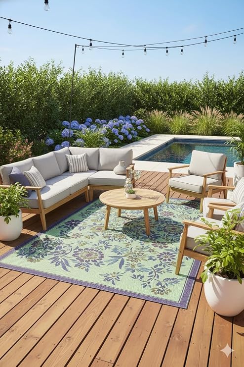 Mad Mats Outdoor Rug, Reversible Plastic Mat for Patio, Porch, Deck, Kitchen & Bath, Wild Flower, 4' x 6', Eggplant