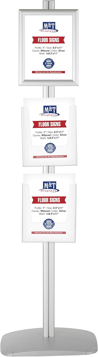 M&T Displays Free Standing Aluminum Display Stand Single Sided Document Brochure Sign Holder Front Loading Portrait Landscape Silver Snap Frame 1x(11x17) and Clear Acrylic Pocket 1x(8.5x11) Inch