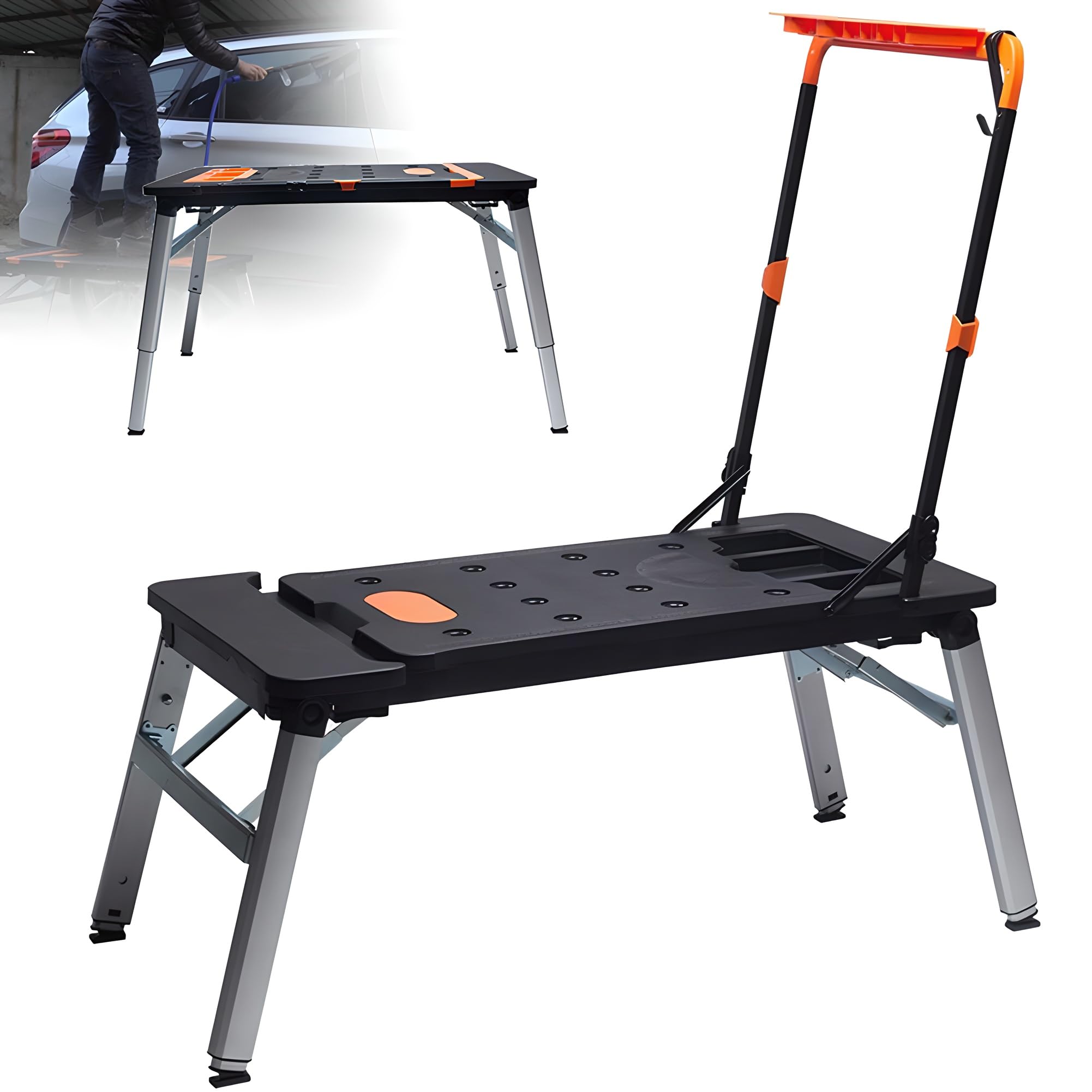 Banco de trabajo portátil plegable 7 en 1 de acero y ABS con caballete, 1090 x 550 mm, altura ajustable 520-780 mm, banco de 150 kg y plataforma de 250 kg de capacidad con almacenamiento