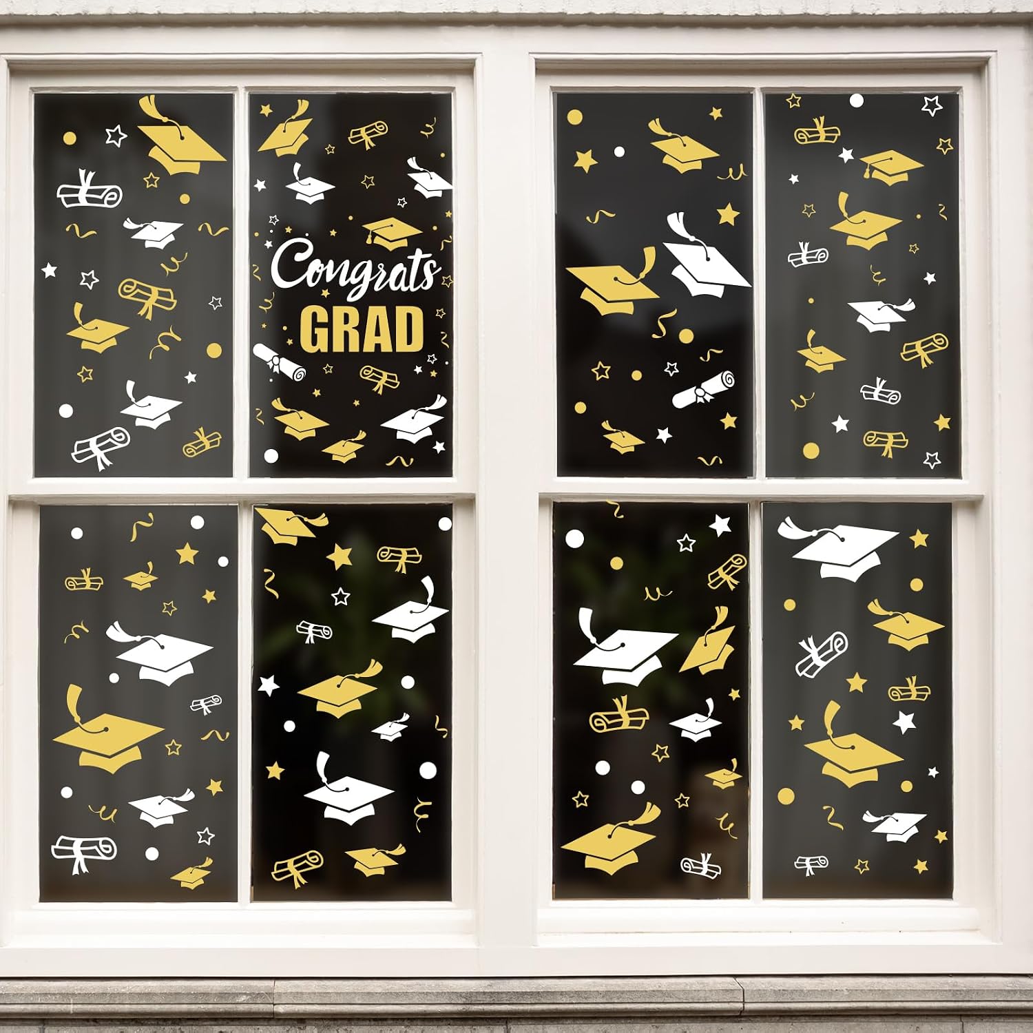 Whaline 9 Sheet 236 Pcs Graduation Window Clings White Gold Cap Diploma Window Decals Double-Sided Congrats Grad Windows Decor for College Senior Year School Home Office Supplies