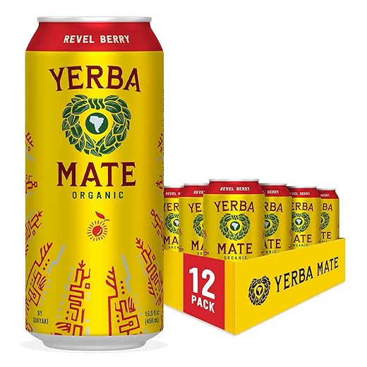 Yerba Madre Organic Yerba Mate, Energy Drink Alternative, Revel Berry, 150mg Natural Plant Based Caffeine, Better for You Energy & Focus, No Jitters or Crash, 15.5 Oz (Pack of 12) (Packaging May Vary)