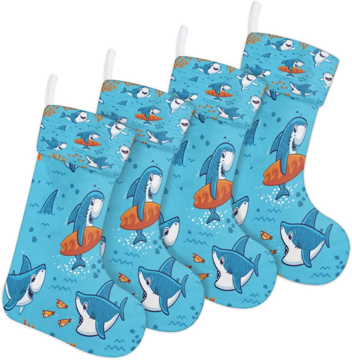 Christmas Stockings 4 Pack 17.7 Inches Ocean Sea Animal Sharks Large Xmas Stocking for Family Chrmas Tree, Fireplace Decorationist