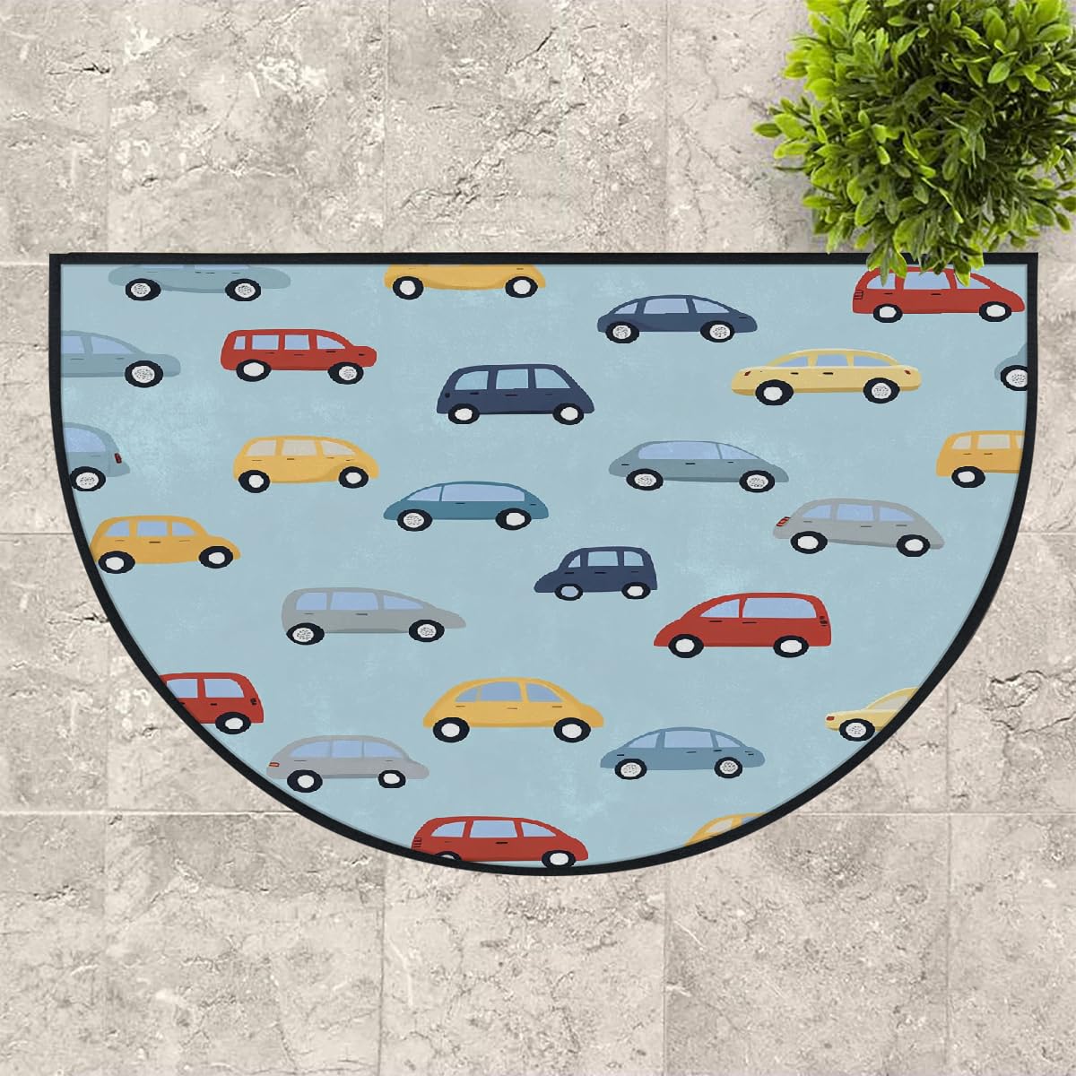 Mexpekil Paillasson demi-rond antidérapant lavable avec motif voitures de dessin animé en demi-lune pour intérieur et extérieur - 100 x 160 cm