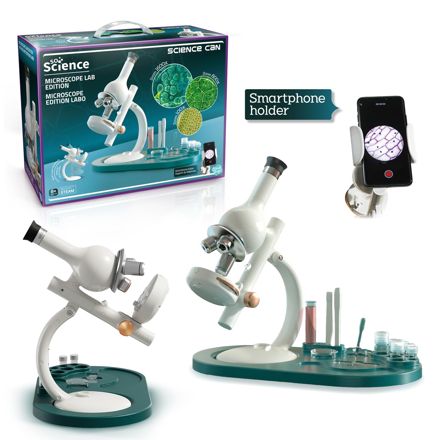 Canal Toys - So Science - Mikroskop Labo Edition dla dzieci od 8 lat - 100-1600-krotny zoom - Uchwyt na smartfon - 12 ostrzy i akcesoriów - Zestaw edukacyjny i naukowy STEM - PL/en - COS 004FR
