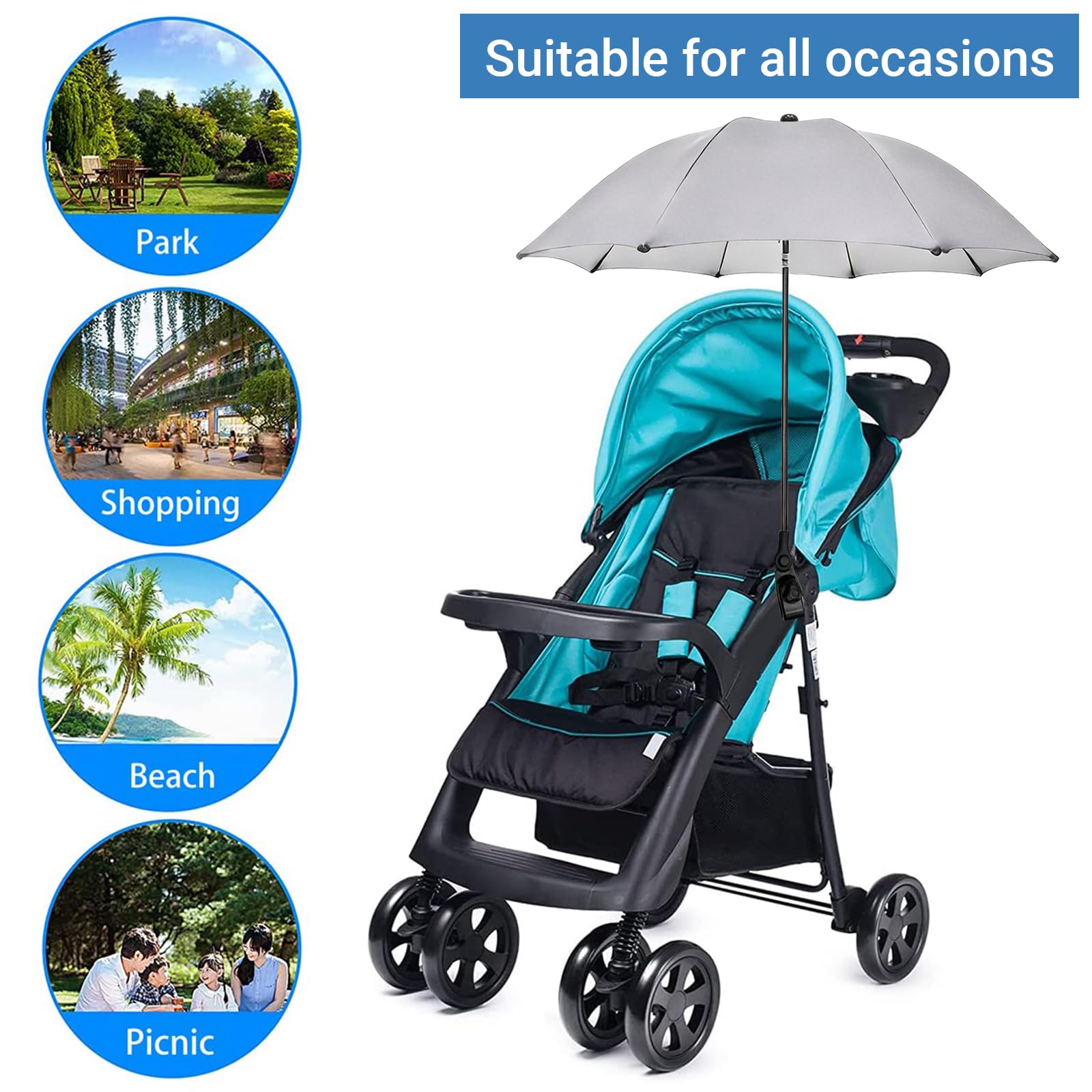 Ombrellino Passeggino Universale, Ombrellino Parasole Passeggino Anti UV 50+, Ombrello Parasole Passeggino con Un Manico, Ombrellone per Passeggino per Carrozzina e Passeggino-Grigio