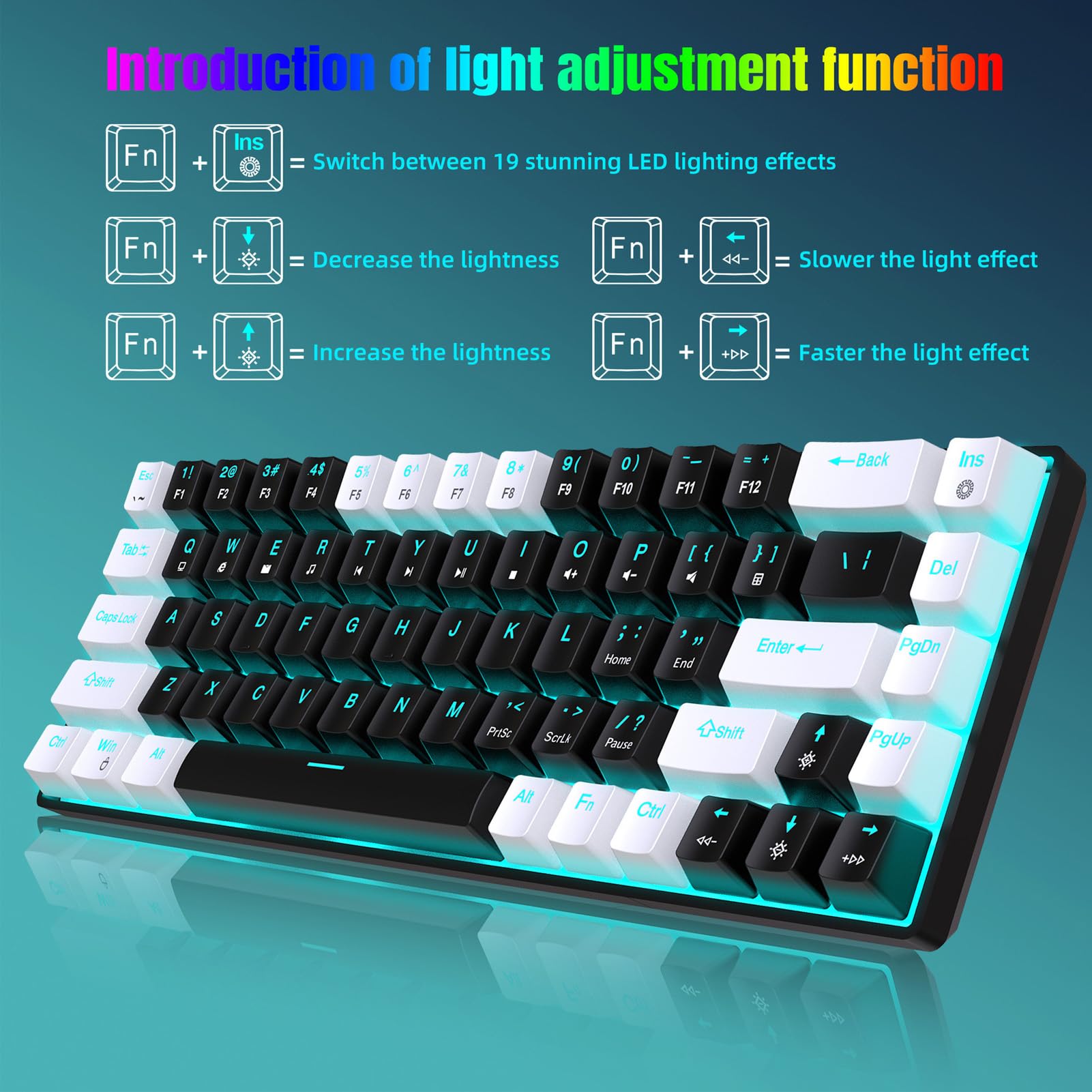 Goshyda Tastiera da Gioco Meccanica al 65%, Tastiera Meccanica Cablata a 68 Tasti, Retroilluminazione Blu Ghiaccio, Tastiera da Gioco a Doppio Colore, Cavo USB Rimovibile, Asta Blu