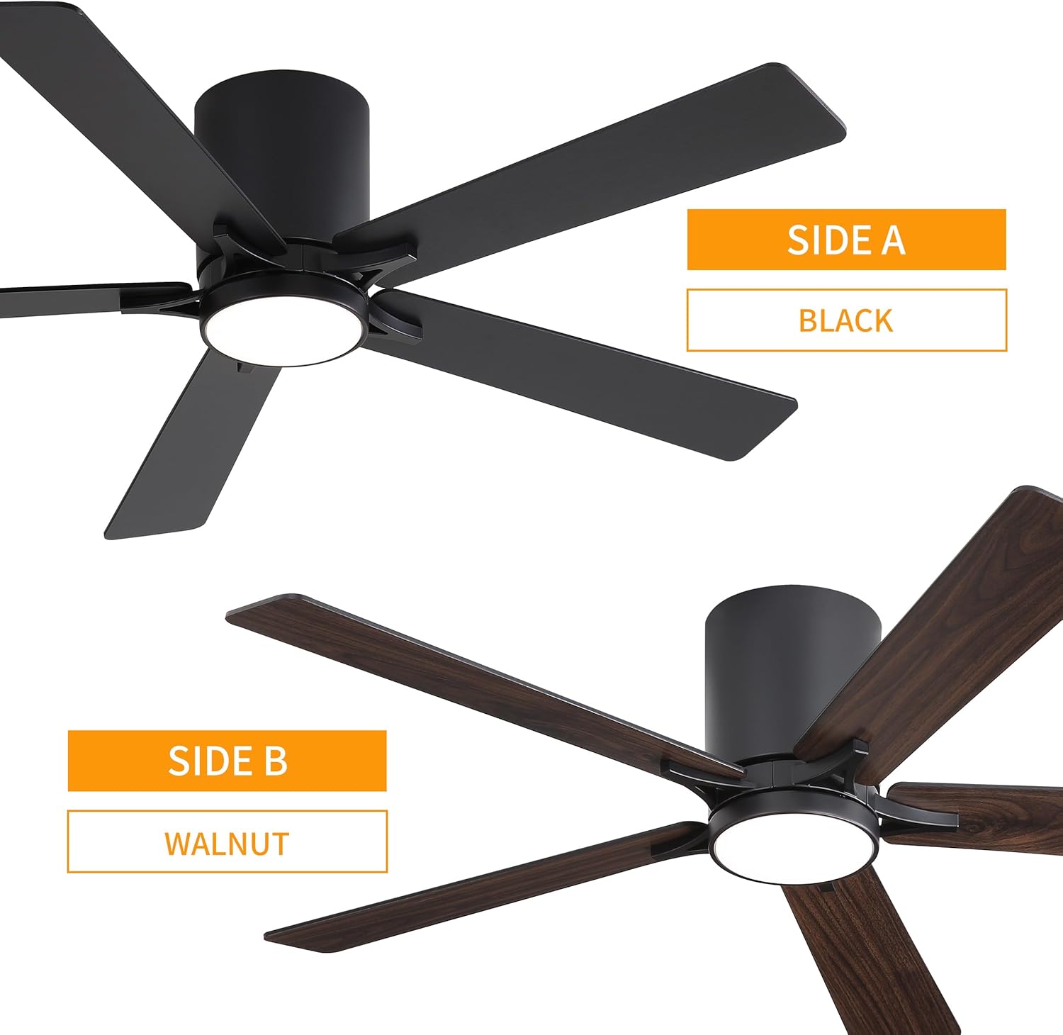 WINGBO 48" DC Flush Mount Ceiling Fan with Lights, 6-Speed Reversible DC Motor, 3CCT, Low Profile Hugger Ceiling Fan for Living Room Bedroom Kitchen, Black Finish and Black/Walnut Blades