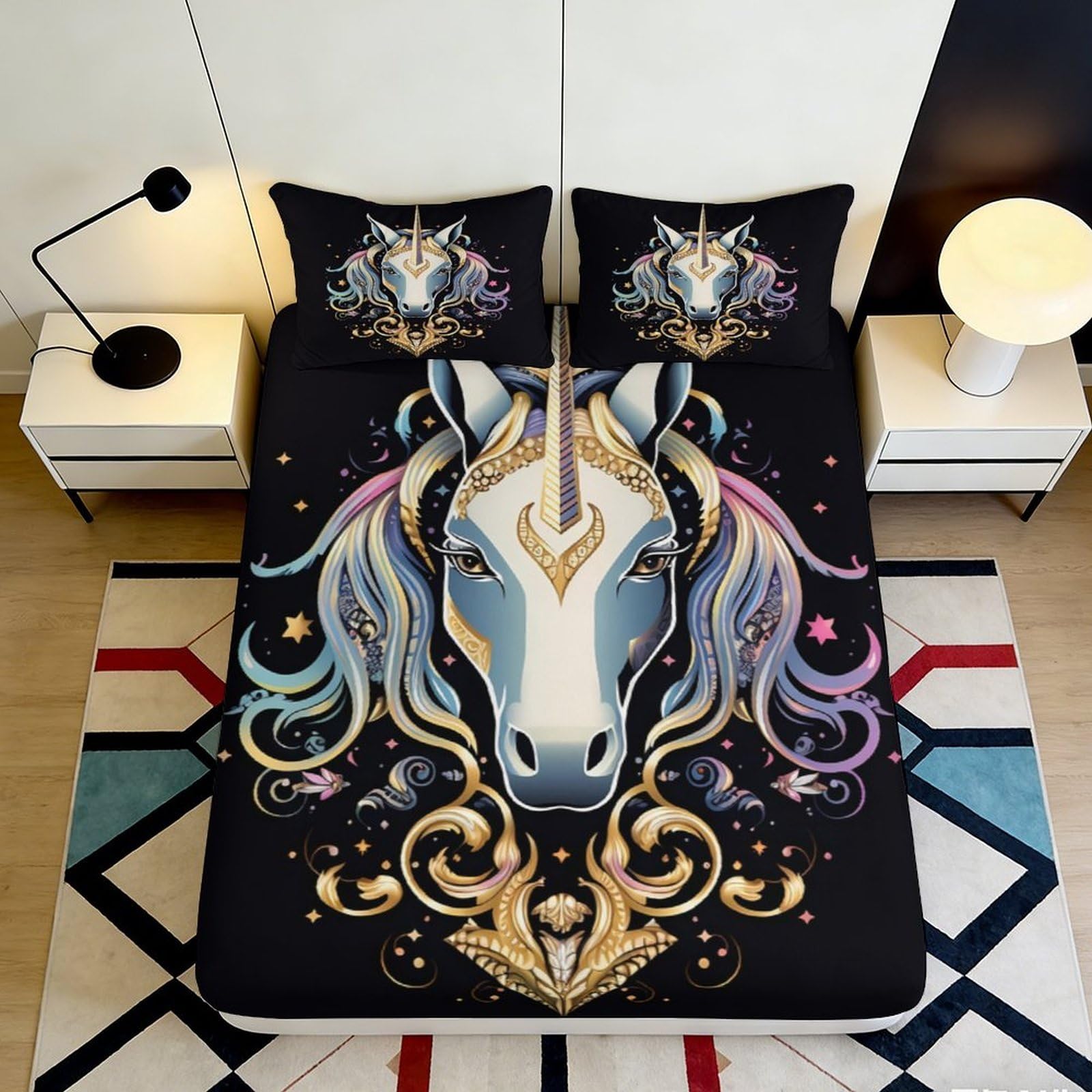 Zfldkwgb Style-10 3D Printed Fantasy Unicorn Fitted Sheet Microfiber Soft Artistic Rainbow Horse Bed Cover For Bedroom Guest Room Decor 90X200x25cm