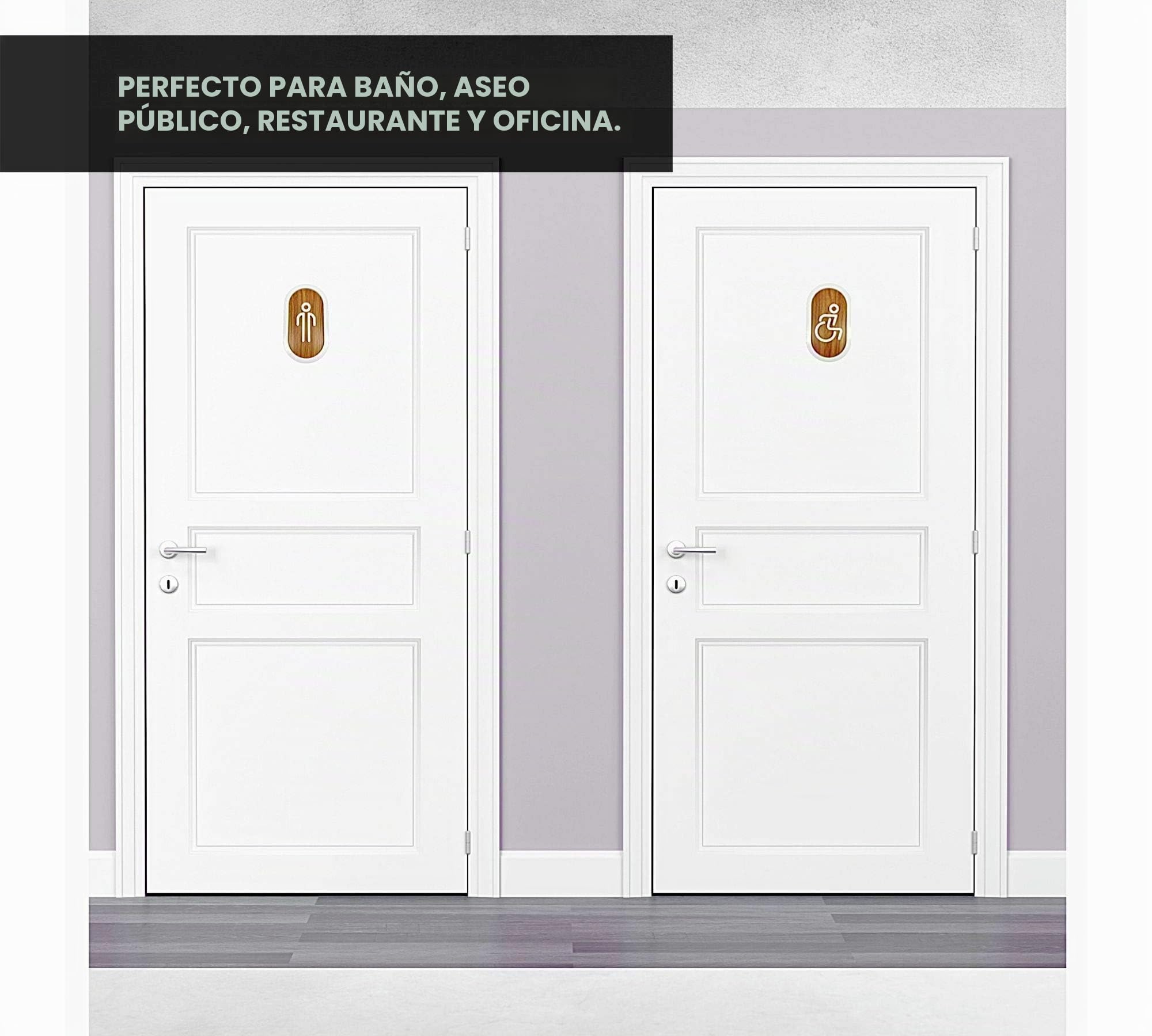 DOJA BARCELONA | Cartel para Baño | Hombre + Mujer + Discapacitado | Color Madera | 100mm x180mm | Simbolo Adhesivo WC para Puerta | Placa Pegatina para Aseo, Aseos Cartel, Señal de Lavabo