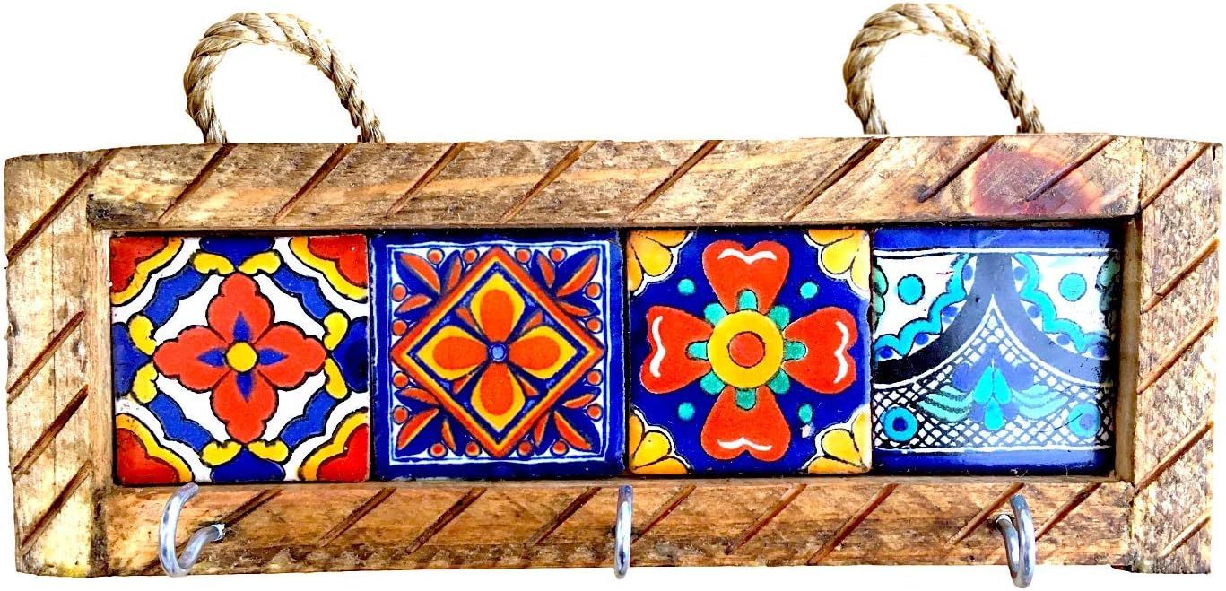 Casa Fiesta DesignsMexican Key Holder with Metal Hooks and Colorful Talavera Tiles - Mexican Style - Talavera Wall Art - Mexican Home Decor - Assorted Tiles - Portallaves Multi 4 Azulejos