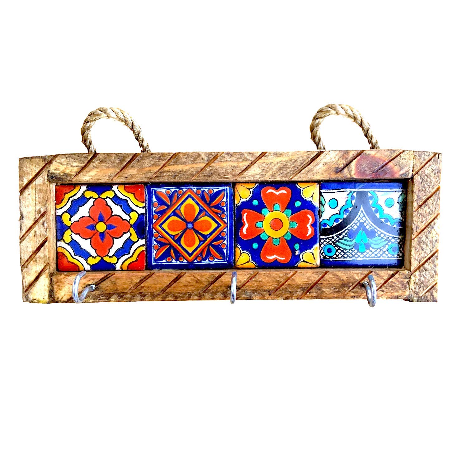 Casa Fiesta DesignsMexican Key Holder with Metal Hooks and Colorful Talavera Tiles - Mexican Style - Talavera Wall Art - Mexican Home Decor - Assorted Tiles - Portallaves Multi 4 Azulejos
