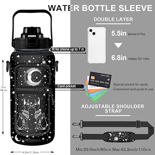 Miniatura 3 de Botella de agua gótica de medio galón de luna negra con funda, sin BPA, 64 onzas, marcador de tiempo motivacional, jarra de agua a prueba de fugas,