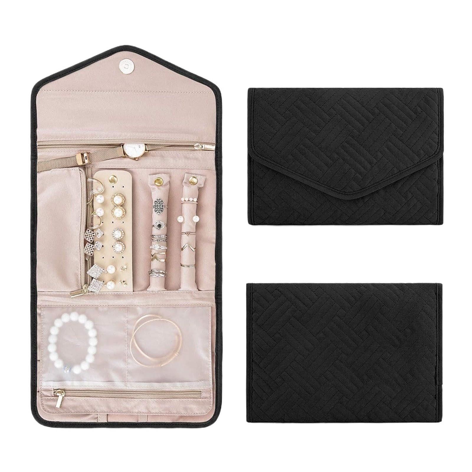 RUWLFE 1Pcs Compact Travel Jewelry Organizer Case Foldable Storage Bag For Earrings Necklaces Rings Bracelets Brooches for Rings, Necklaces, Earrings(Black)