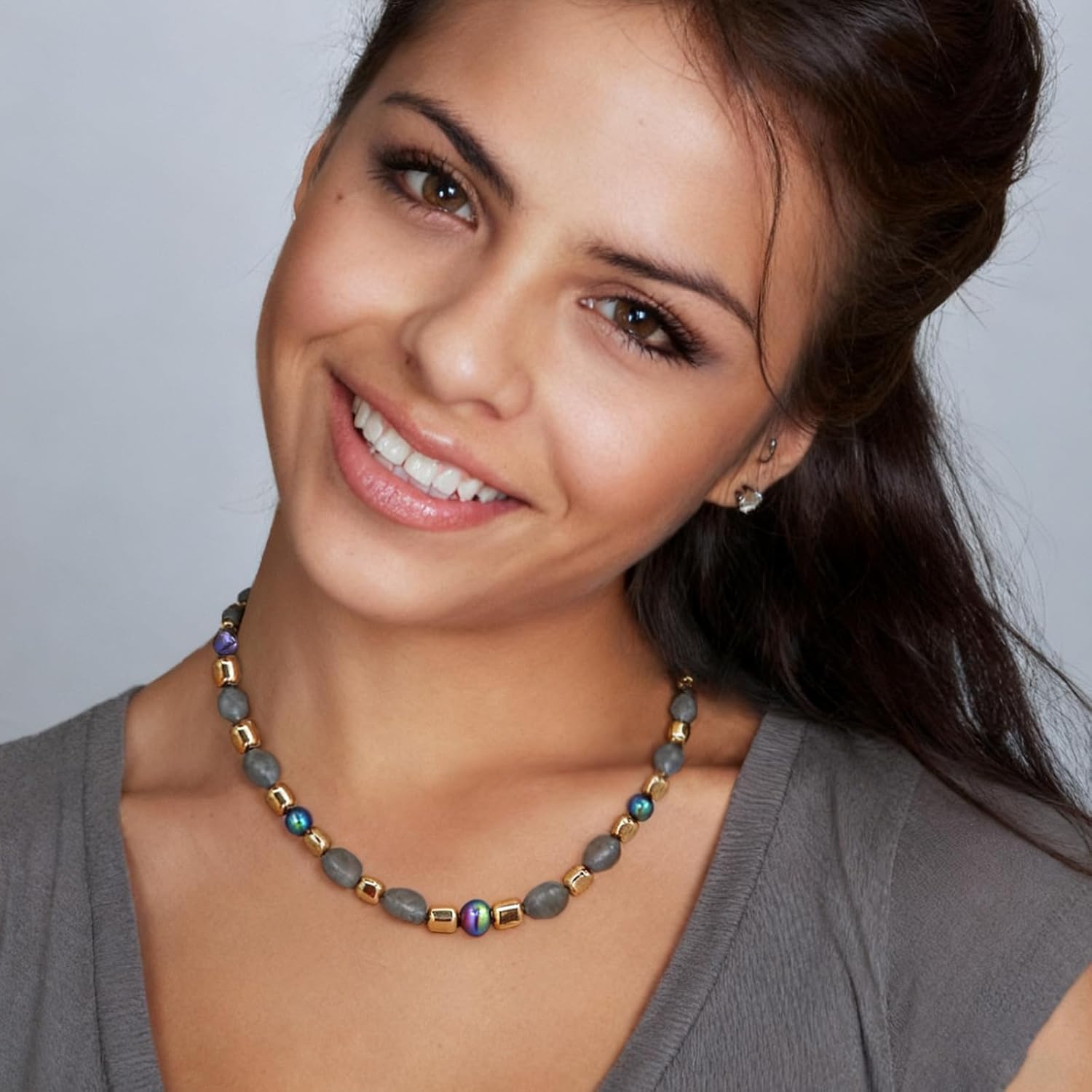 Labradorite Beaded Necklaces for Women,Grey Pearl BOHO Bead Choker Necklace,Gemstone Strand Necklace 18K Gold Plated Stone Jewelry 18inch - Image 3