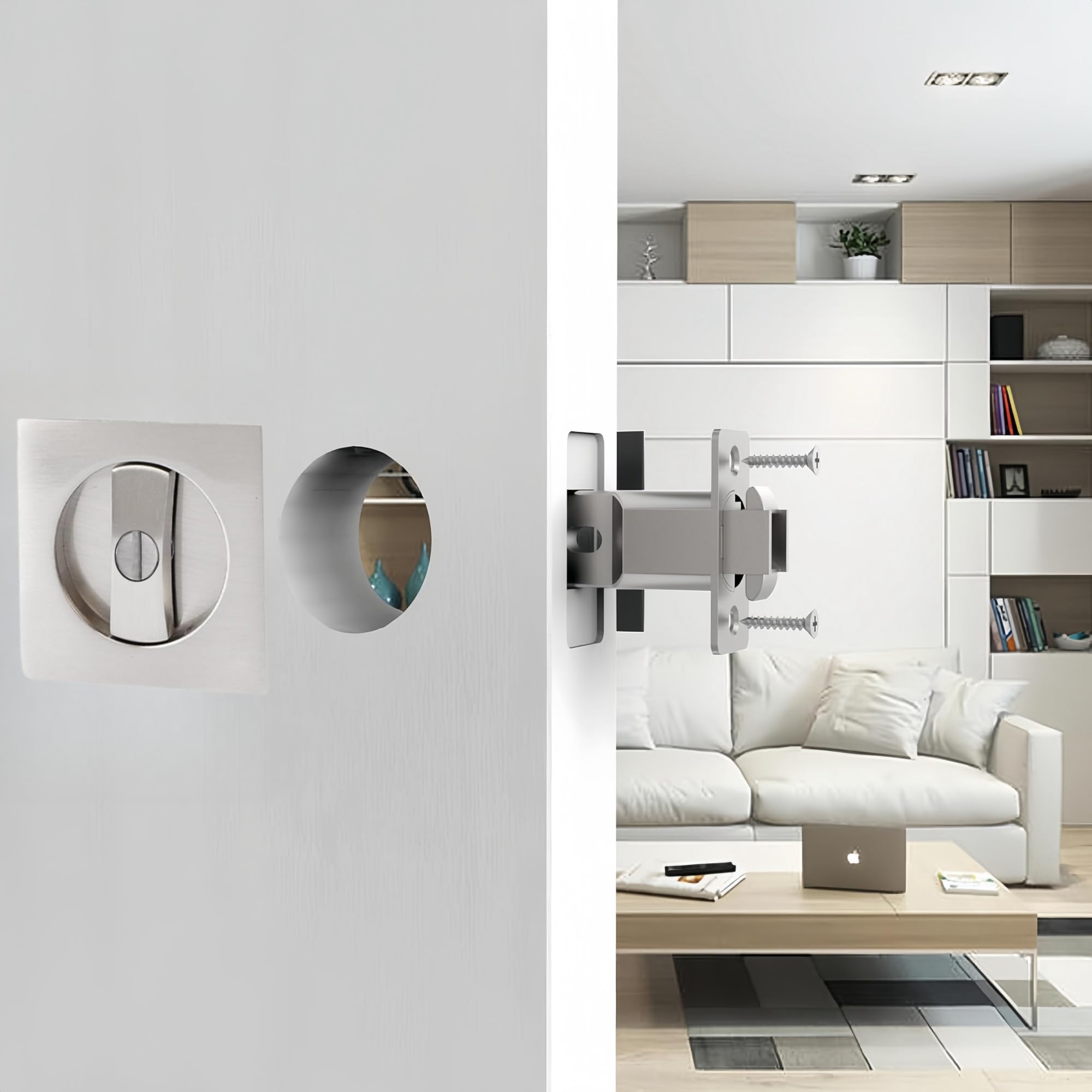Pocket Door Lock,Privacy Square Pocket Door Hardware,Invisible Sliding Door Lock Keyless(2-3/8" Backset),Flush Pocket Door Locks (Brushed Nickel Square) - Image 3