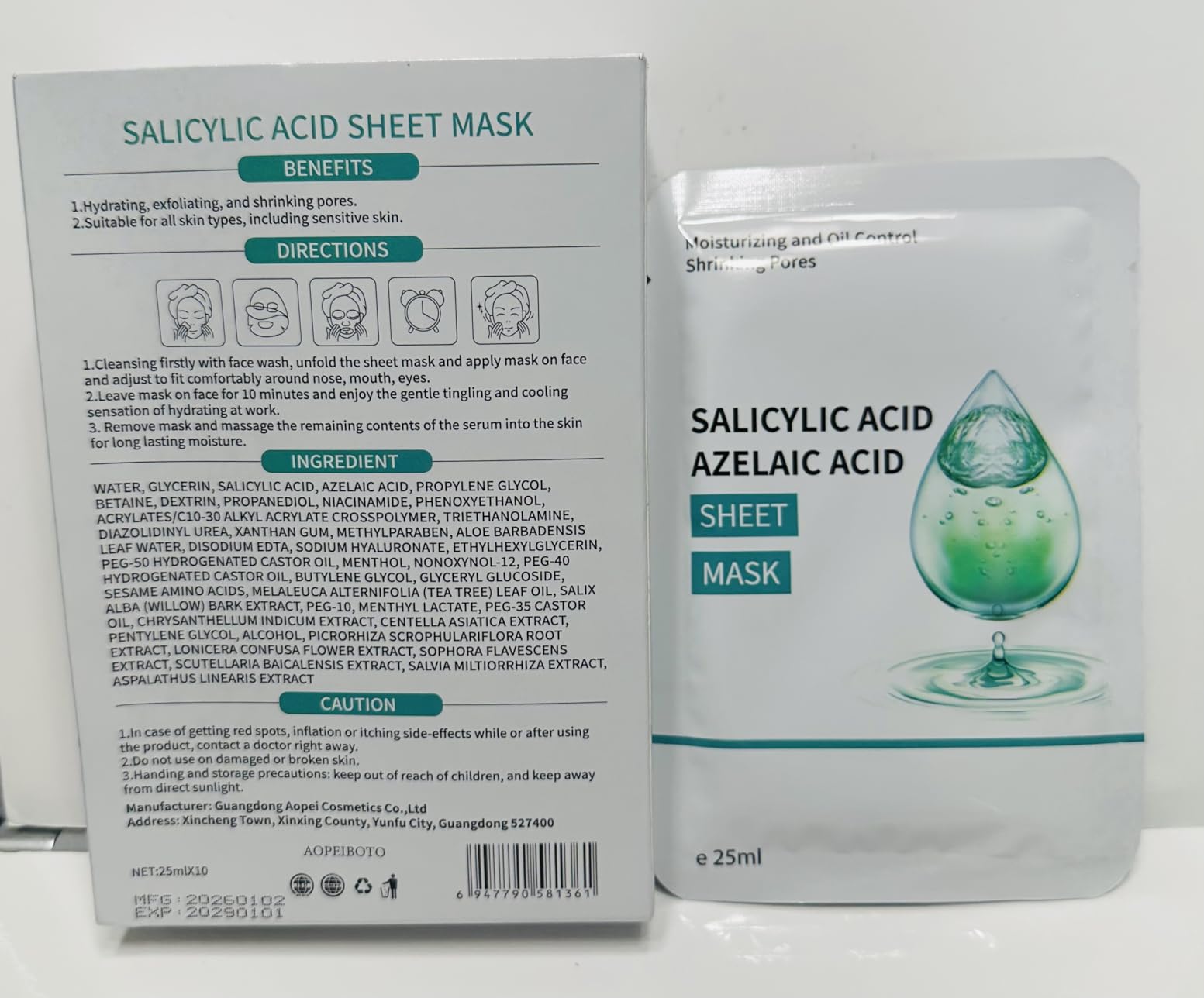 AOPEIBOTO Salicylic Acid Mask, Acne Face Mask with Centella Asiatica Extract, Tea Tree Leaf Oil, Hydrating, Pore Minimizing & Exfoliating, Pack of 10
