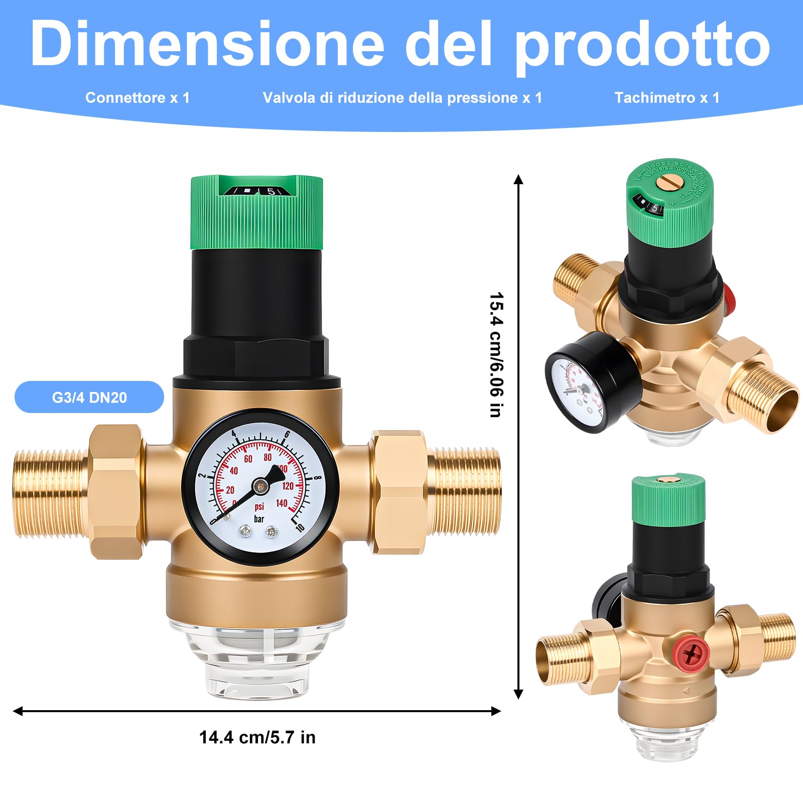 Diealles Shine regolatore di pressione acqua 3/4 pollici, regolatore di pressione acqua con manometro e filtro a setaccio, regolatore di pressione in ottone per case, edifici, fabbriche