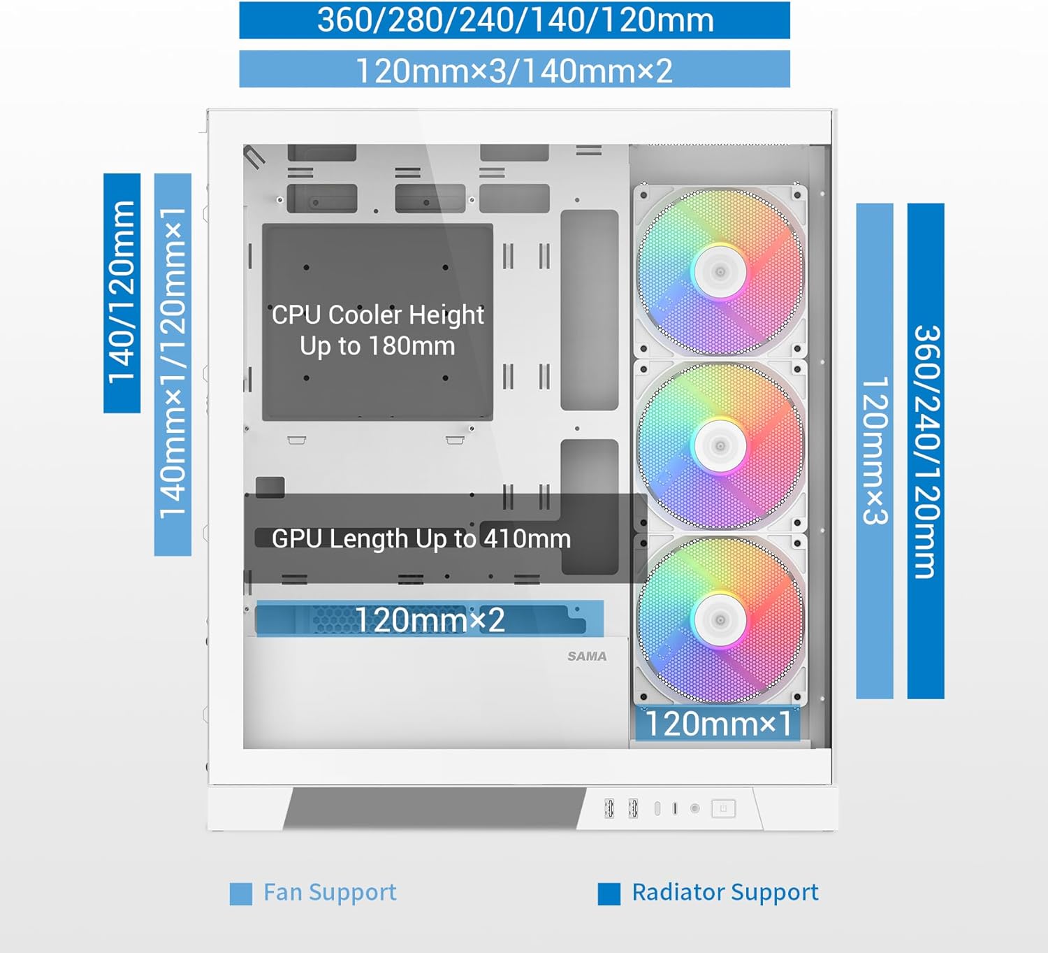 71MY1P+uXxL._AC_SL1500_ SAMA V50WH Mid Tower ATX PC Case, Dual Tempered Glass Panels, 4×120mm ARGB PWM Fans, High Airflow Chassis with 360mm Radiator Support, USB-C Port, Easy Cable Management – White