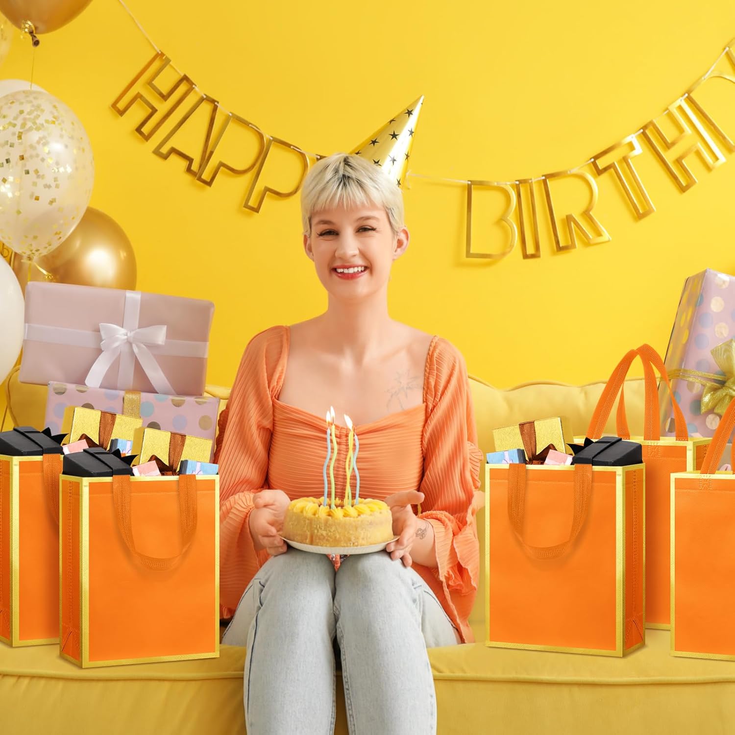 24 Pcs Reusable Gift Bags with Handles 10 x 8 x 4 Thank You Non Woven Tote Bag for Wedding Christmas(Orange Gold) - Image 2