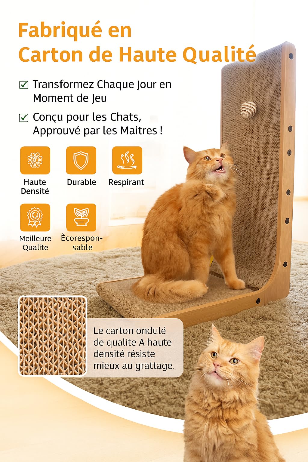 Griffoir en Forme de L pour Chats 68 cm – Meuble à gratter en Carton ondulé – Compact & Durable pour intérieur