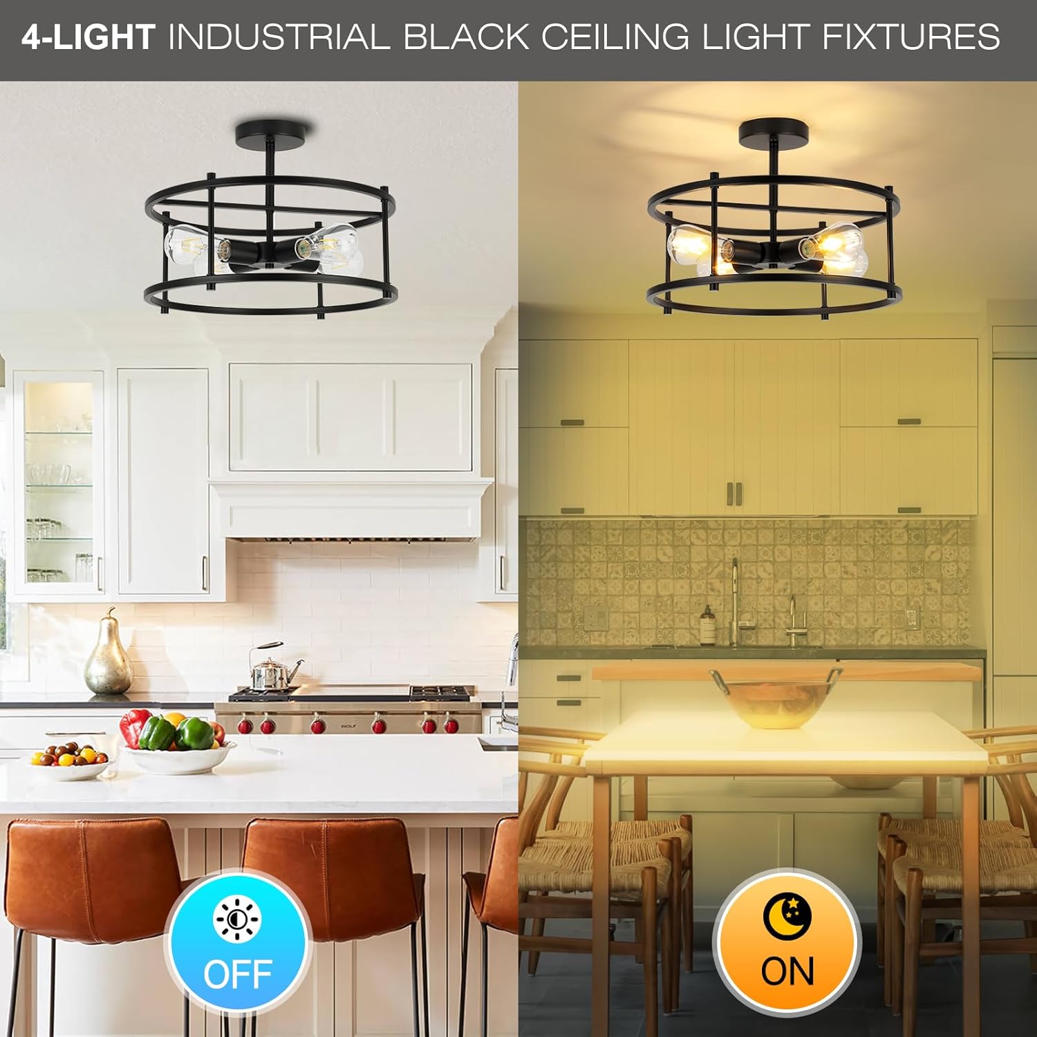 Semi Flush Mount Ceiling Light Fixtures 16.53'' Black Kitchen Light Farmhouse Ceiling Light Fixtures, 4 Light Industrial Semi Ceiling Lights for Bedroom, Dining Room Living Room Hallway