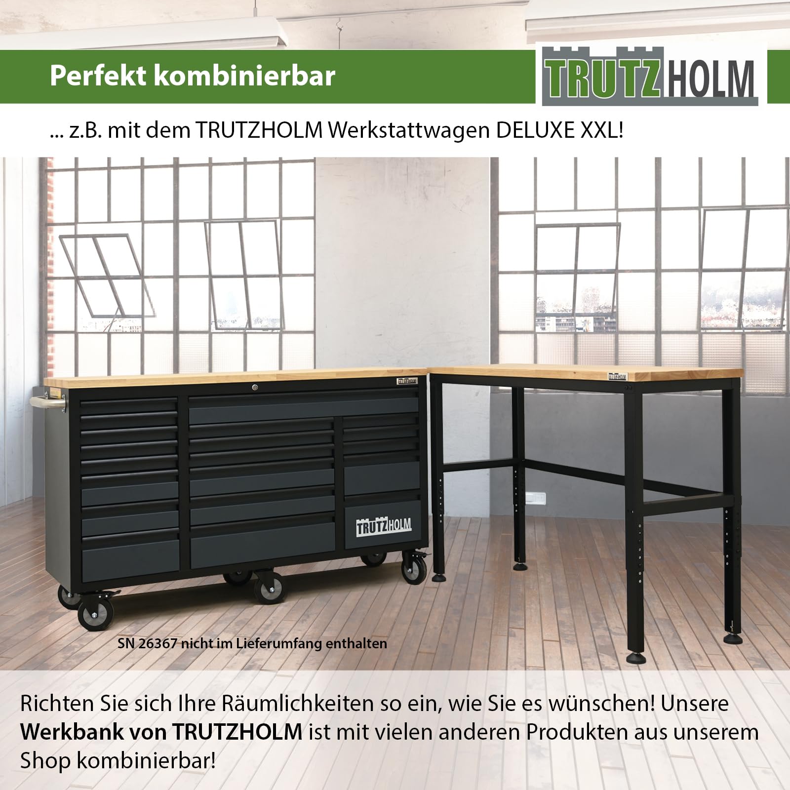 TRUTZHOLM Professionelle Werkbank bis 500 kg belastbar Werktisch Arbeitstisch Massive Arbeitsplatte Stecksystem Montagebank höhenverstellbar Werkstatttisch (135x46x88/97 cm | 300 kg Tragkraft)