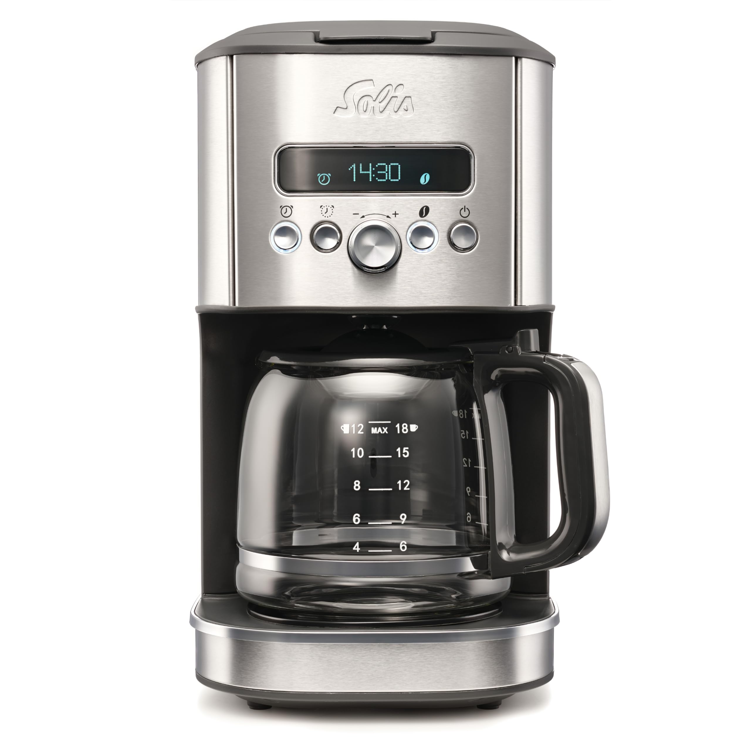 Solis Aroma Brewer Filterkaffeemaschine Typ 1021 – Frisch gebrühter Kaffee auf Knopfdruck, mit Timer, Aromawahlschalter, 1,8L Wassertank, Warmhaltefunktion, Edelstahl-Design, Glaskanne & Dosierlöffel