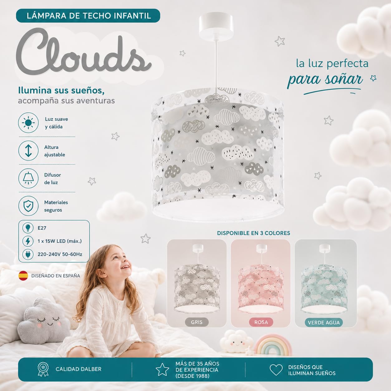 Dalber Lámpara Techo Colgante Infantil Clouds Nubes Verde Mint 41412MH E27 | Incluye difusor de luz inferior extraible; Habitación niños; lámparas infantiles