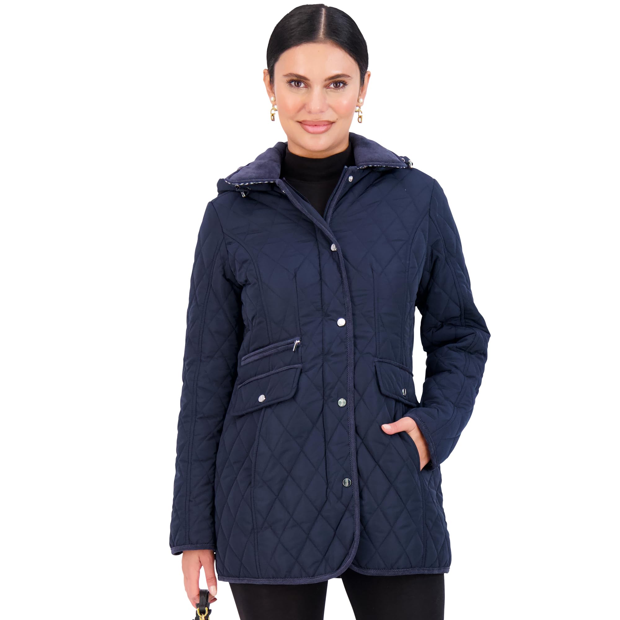 jones new york mid-length women's quilted jacket with pockets - winter coats for women - deep navy - large petite