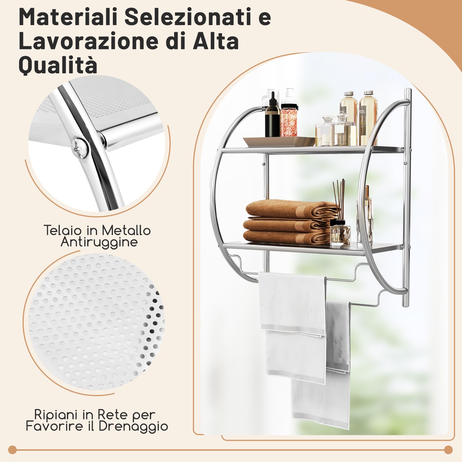 COSTWAY Porta Asciugamani da Parete Porta Salviette a 2 Ripiani per Bagno in Acciaio Inossidabile, 45 x 26 x 55 cm (Argento)