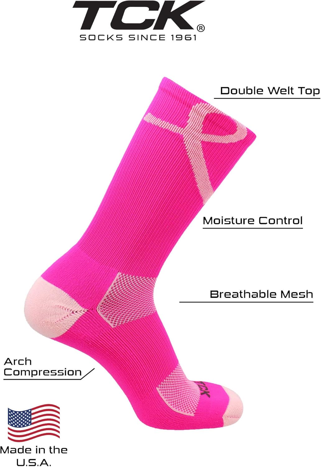 TCK Pink Ribbon Awareness Crew Socks (Hot Pink/Pink, X-Large) - Image 4