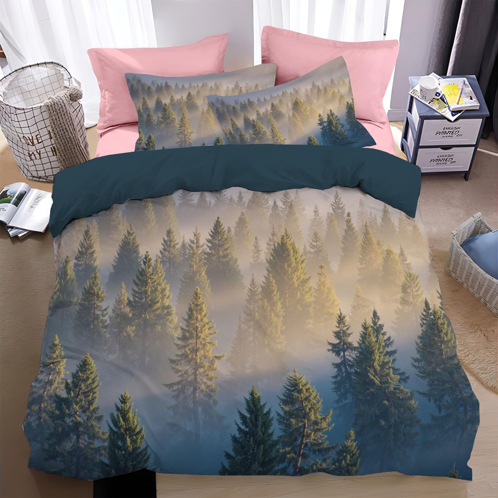 Forêt de pins en housse de couette 140x200 pour s'endormir face à la brume sylvestre