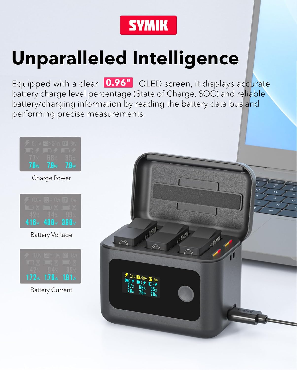 SYMIK Battery Charger for GoPro Hero 13, Mission 1 Pro Fast Charging Case | 24W Triple-Slot, OLED Display, Smart UI Charger Hub for Go Pro Hero 13 & Mission 1 Pro Enduro 2 Battery Accessories